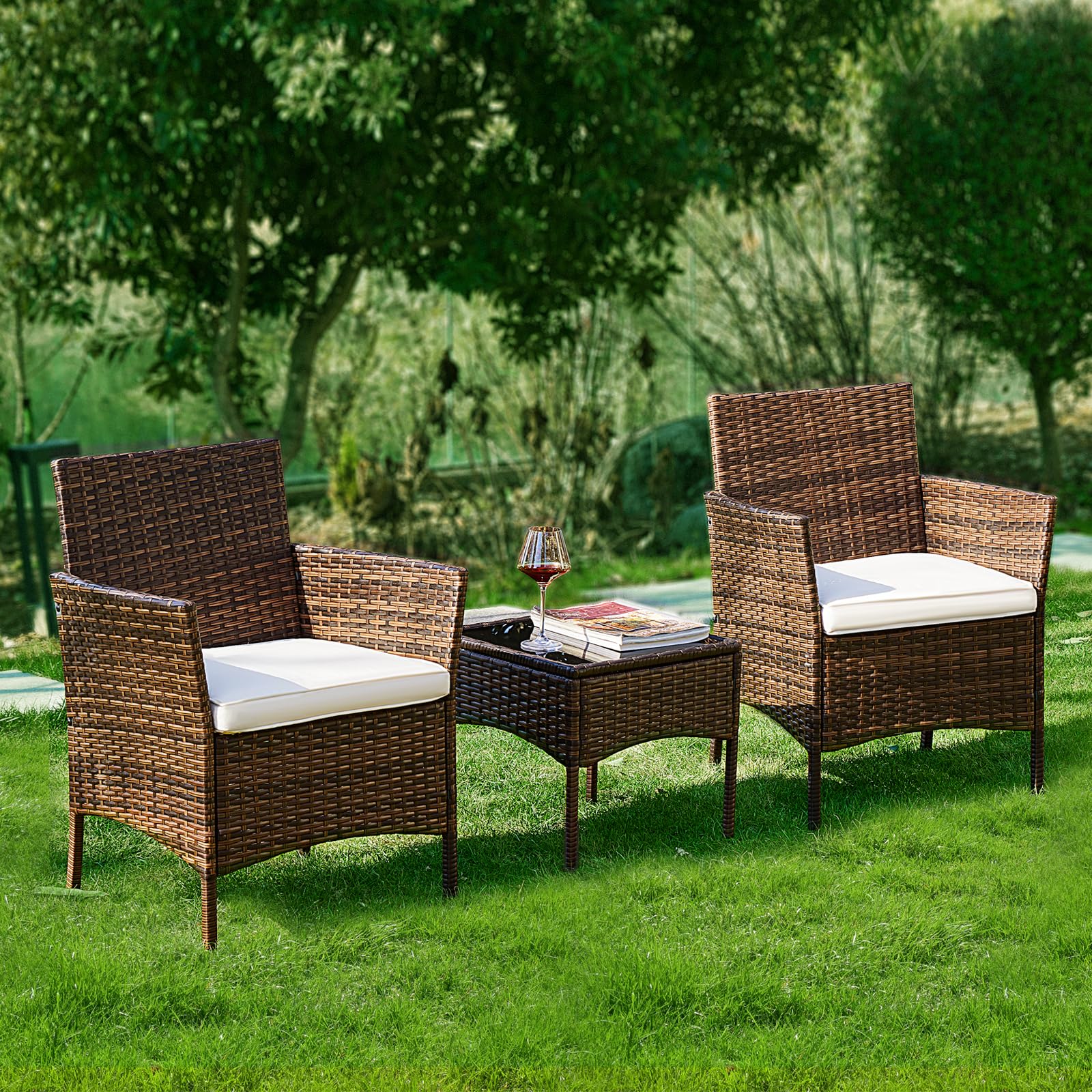 DUMOS 3-Piece Patio Furniture Set - Modern Outdoor Wicker Sofa & Coffee Table Conversation Set, All-Weather Rattan Chairs for Garden, Terrace, Porch, Balcony, Backyard (Brown & Beige) | Perfect for Relaxing, Entertaining & Outdoor Dining