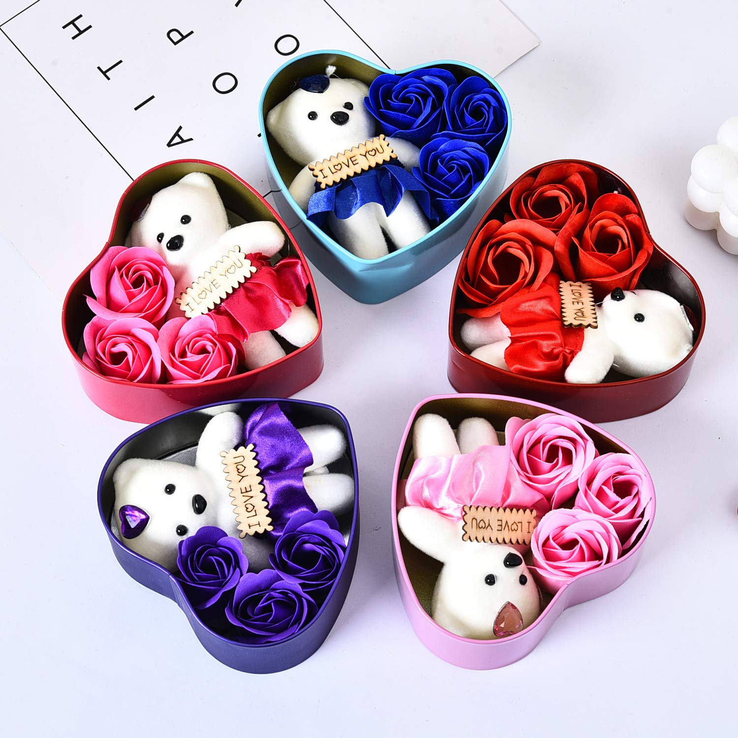 MAKE A WISH® Valentine's Day Gift Set - Heart Shaped Box with 3 Rose Soap Flowers & Teddy Bear Doll (Red) - Perfect Romantic Gift for Anniversary, Birthday & Proposal