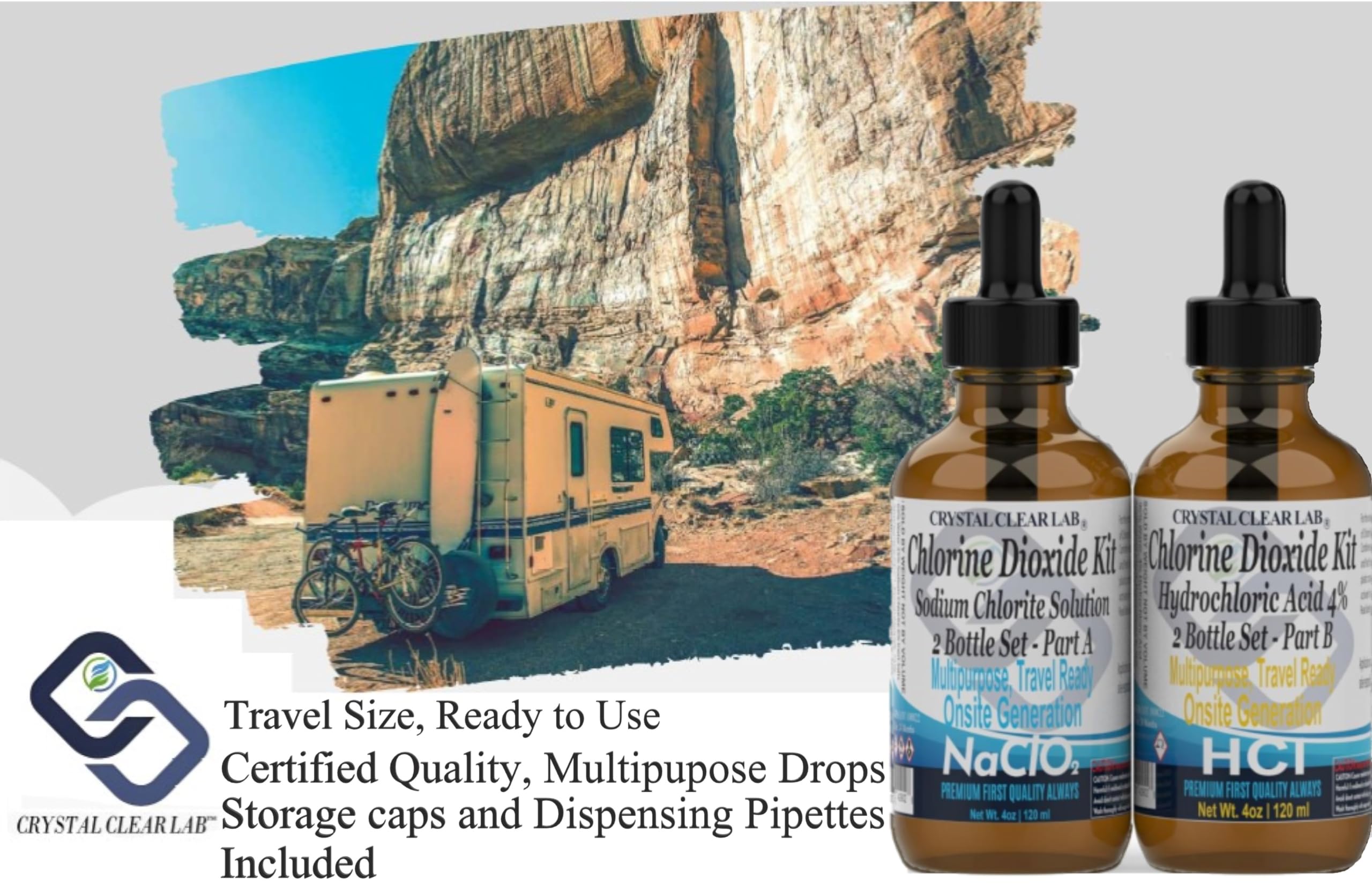 4% Hydrochloric Acid Chlorine Dioxide Solution - 8 Oz Glass Bottles (6-Pack) for Water Purification, Disinfection & Odor Removal