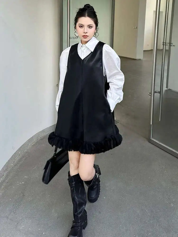 Black Leather Mesh Dress Shirt & Suit Set for Women - Fashionable Two-Piece Lapel Long Sleeve Outfit for Spring & Fall 2025 (Style 1DH9256) | Perfect for Office Wear, Evening Events & Special Occasions