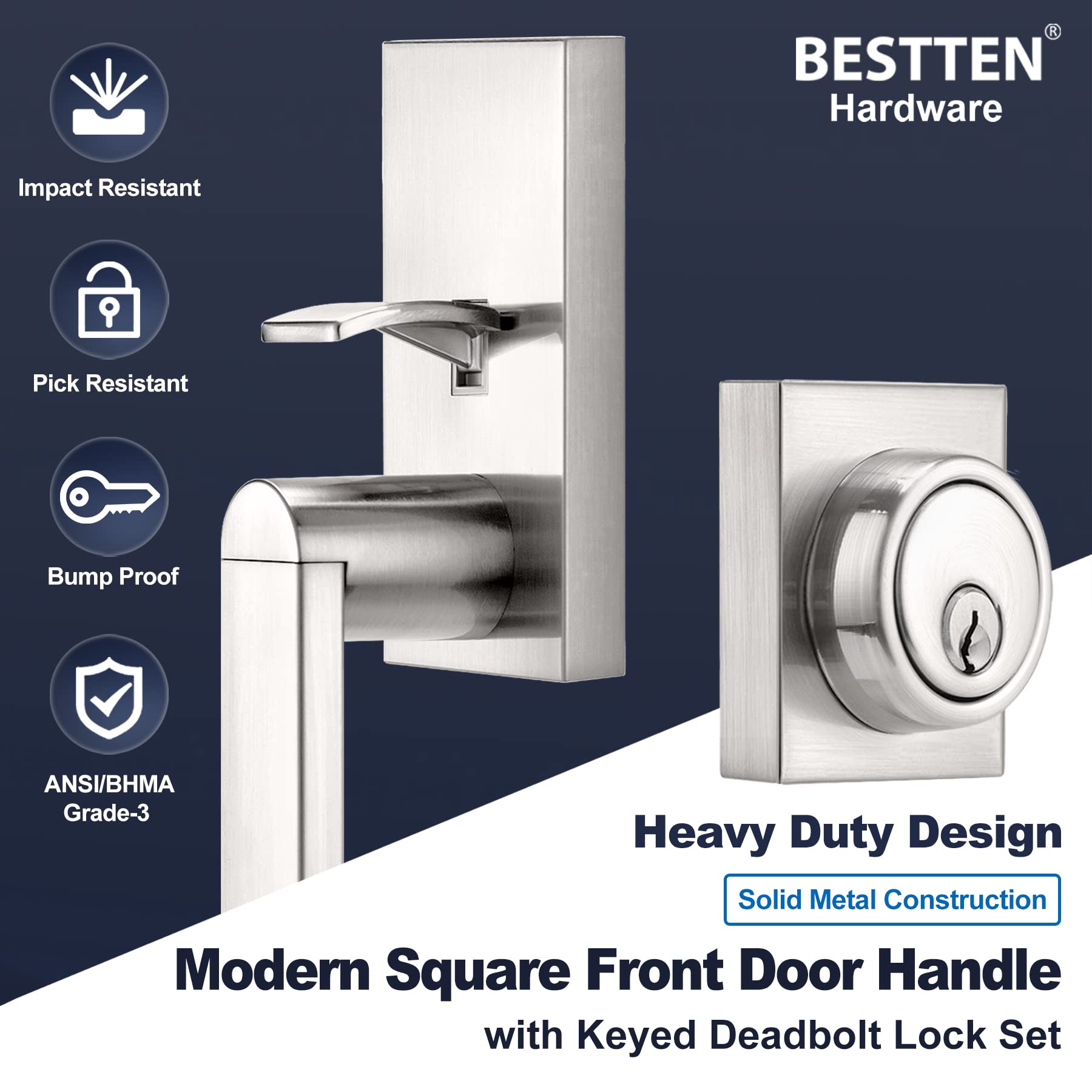 BESTTEN Satin Nickel Front Door Handle and Deadbolt Set - Single Cylinder Deadbolt Lock & Door Lever for Entry Doors - Reversible Right/Left Hand - Secure & Stylish Home Upgrade for Front Doors, Back Doors & Office Entrances