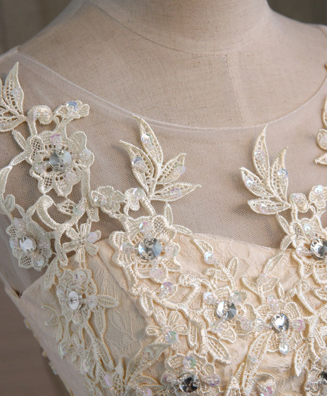 Elegant Champagne Lace Round Neck Short Prom Dress for Bridesmaids - Perfect for Weddings, Parties & Special Occasions
