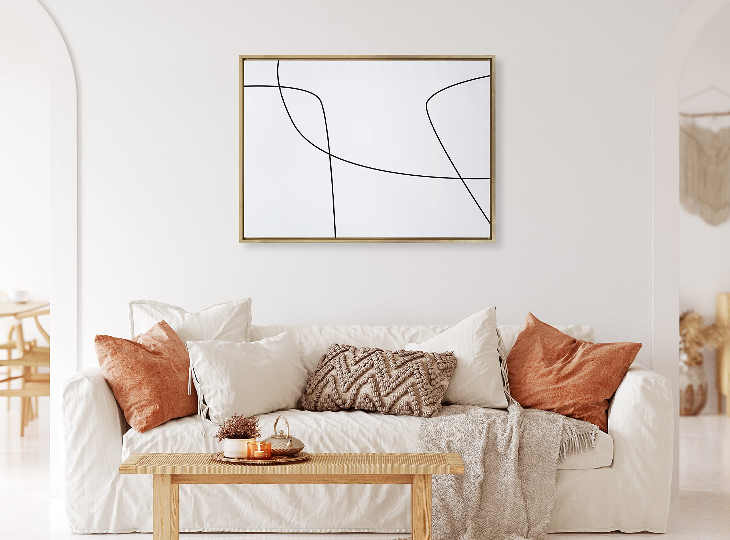 Kate & Laurel Sylvie Modern Line Abstract Black & White Framed Canvas Wall Art - 28x38 Inches, Gold Frame - Contemporary Glam Decor for Living Room, Bedroom & Office
