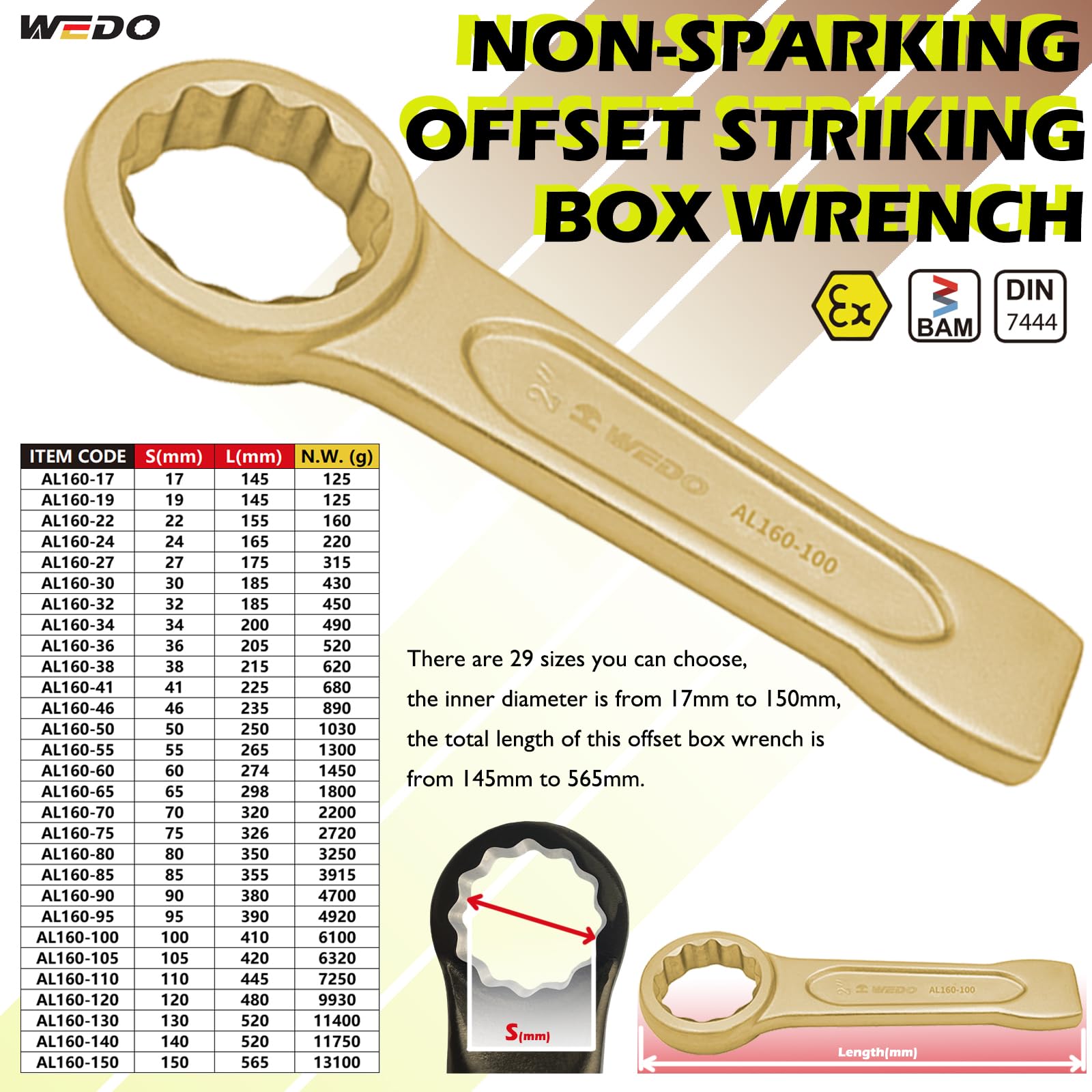 **WEDO Non-Sparking Striking Box Wrench – 80mm Box End, 350mm Length – Aluminum Bronze, Corrosion-Resistant – DIN 7444, BAM & FM Certified – Safe for Oil, Gas & Chemical Industries**    *(Perfect for Hazardous Environments: Oil Rigs, Chemical Plants & Explosive Atmospheres)*