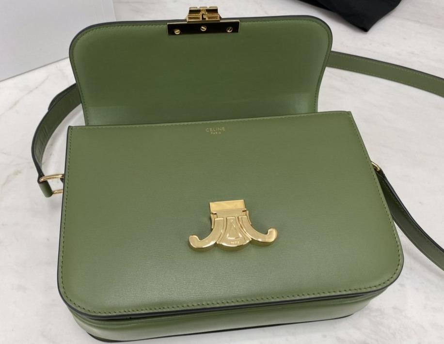 Celine Medium Triomphe Bag in Shiny Calfskin Light Khaki - Luxury Designer Handbag for Women, Perfect for Work, Evening Events & Everyday Use