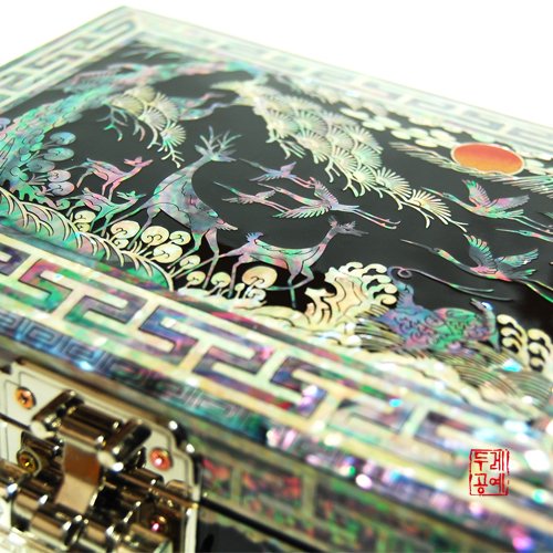 Mother of Pearl Asian Lacquered Wooden Jewelry Box with Long Life Emblem Design - Handcrafted Treasure Chest for Necklace, Ring & Keepsake Storage - Perfect Gift for Women, Wedding & Home Decor