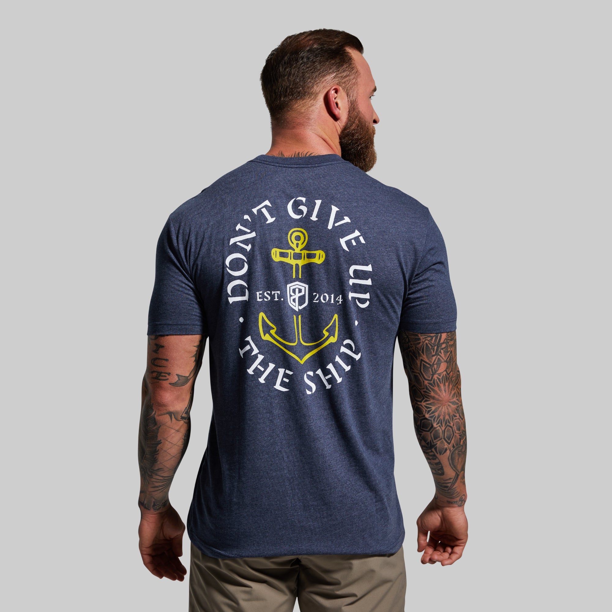 Don't Give Up The Ship T-Shirt - Heather Navy Vintage Nautical Tee for Men & Women - Perfect for Sailing, Boating, and Casual Wear