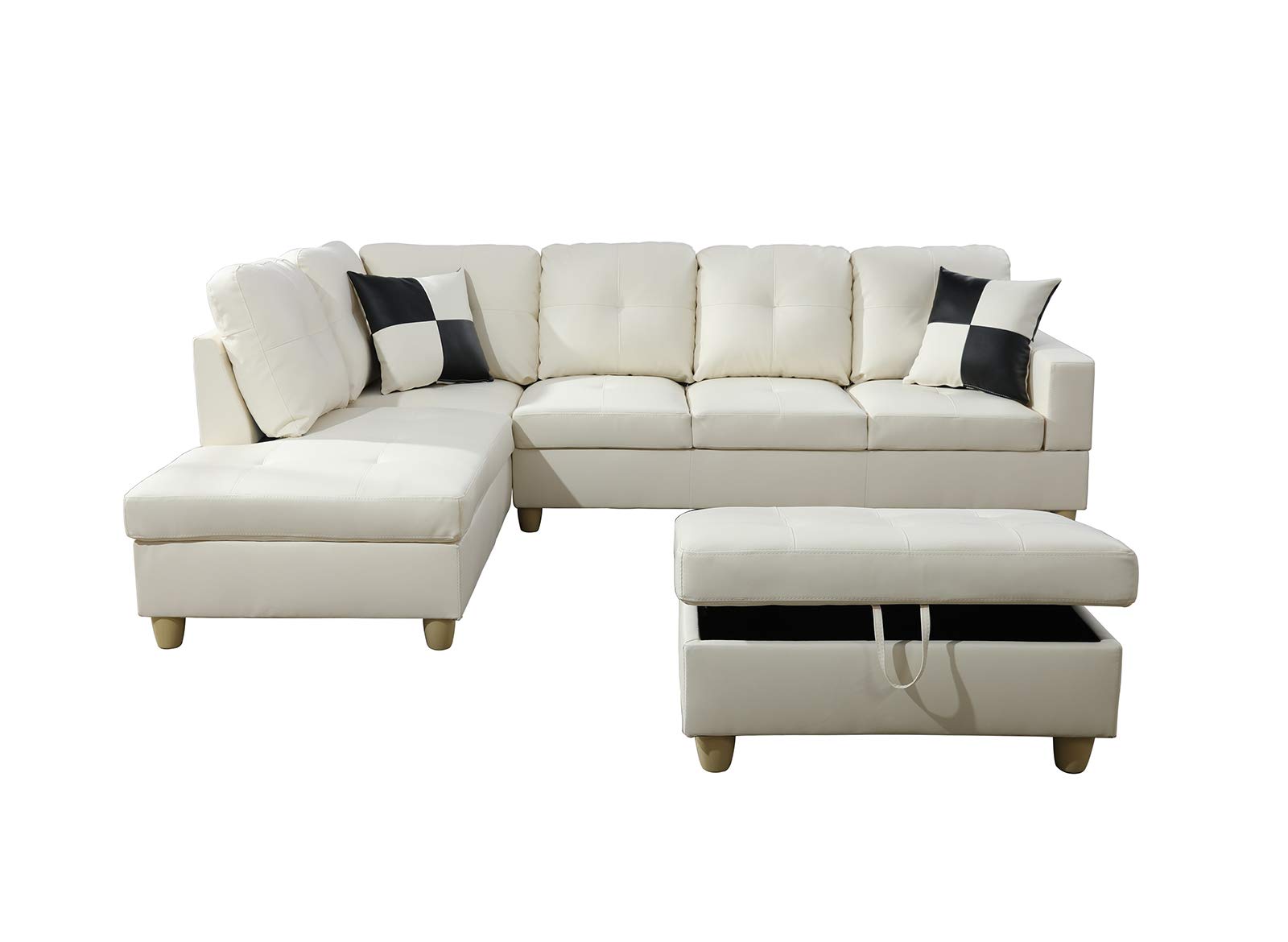 Ainehome 3-Piece L-Shaped Sectional Sofa Set with Storage Ottoman & Matching Pillows - Cream White, Left-Hand Facing - Modern Living Room Furniture for Small Spaces, Apartments & Home Theater Seating
