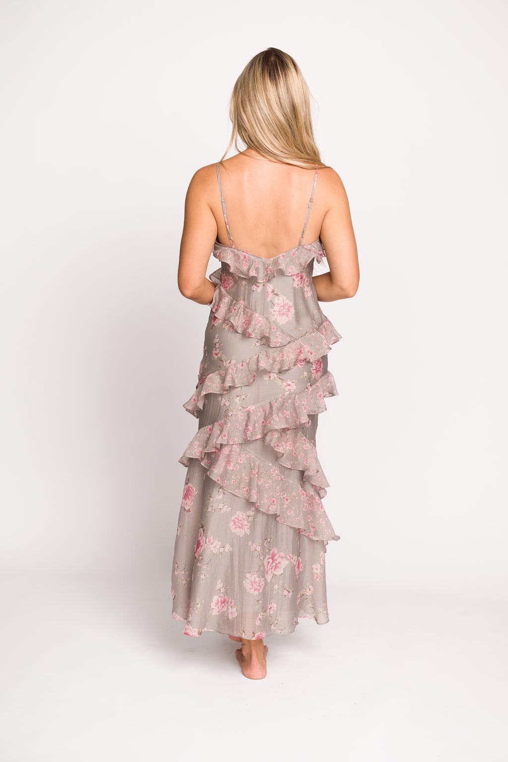 Amelia Ruffle Maxi Dress - Grey & Pink Floral Print Summer Beach Dress for Women | Boho Chic Wedding Guest Outfit & Vacation Dress