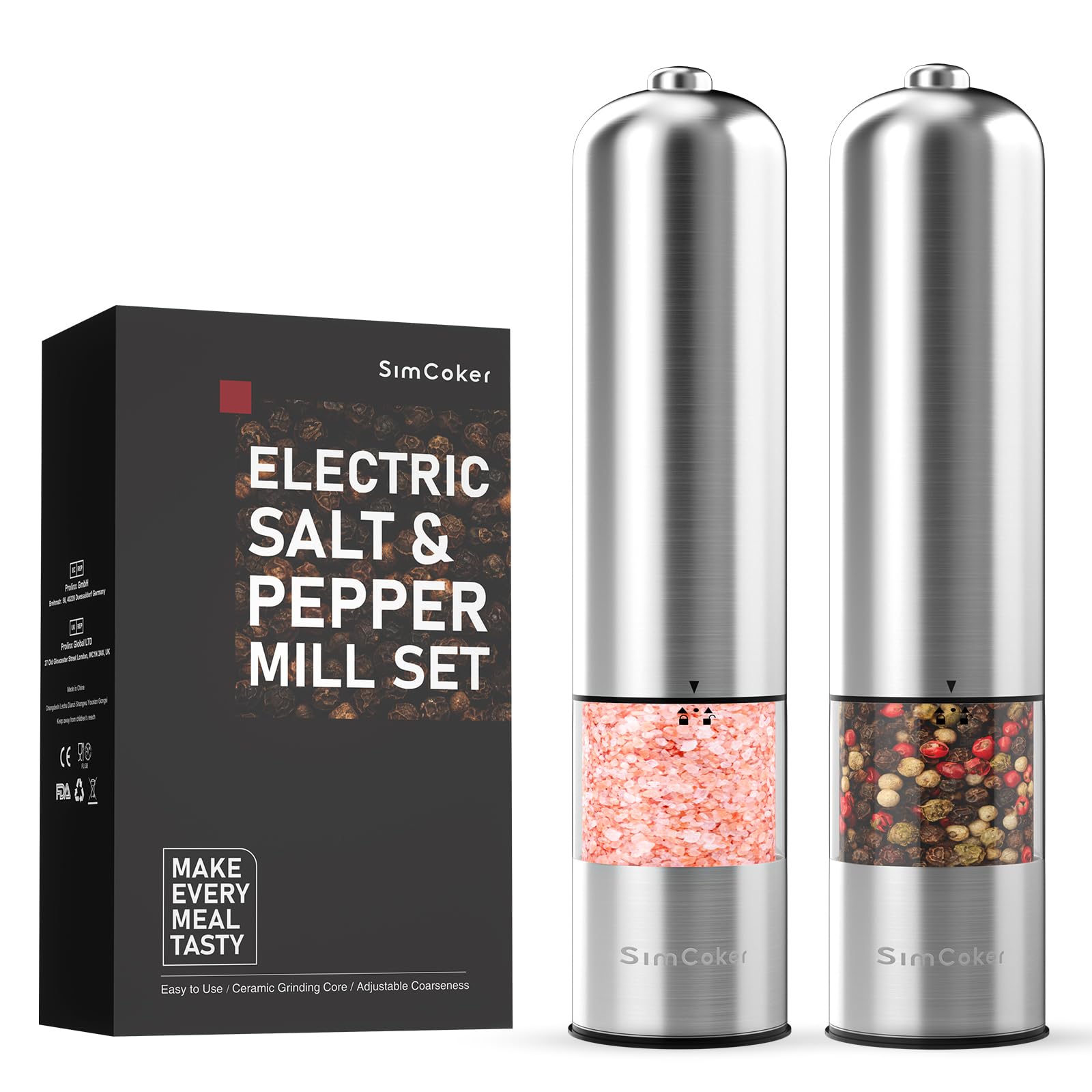 SimCoker Electric Pepper and Salt Grinder Set - Battery Powered Adjustable Coarseness, Automatic Spice Mill for Kitchen, BBQ, Restaurants & Home Cooking - Perfect for Seasoning Meats, Salads & Gourmet Dishes