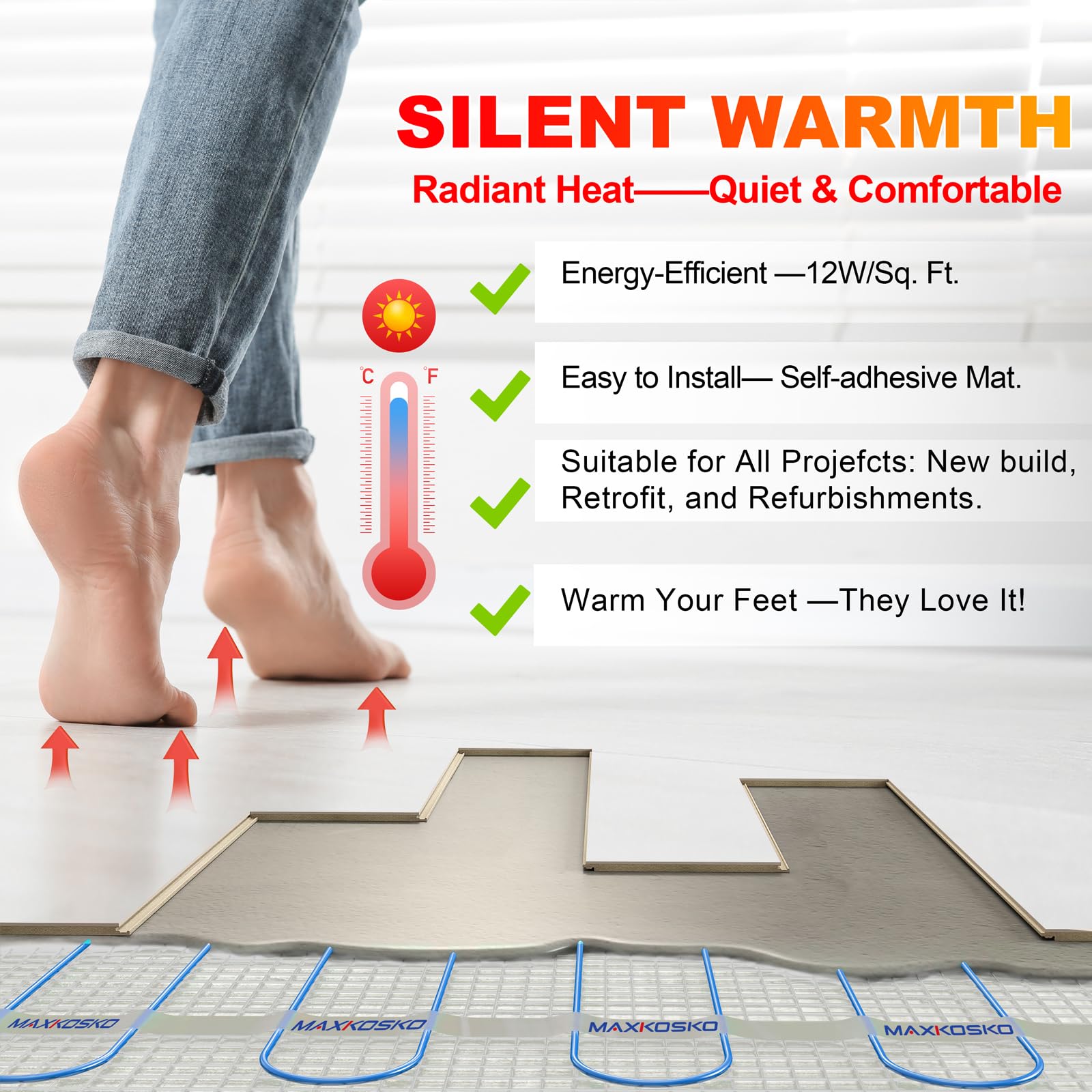 MAXKOSKO 60sq.ft. Electric Floor Heating Mat Kit - 120V Underfloor Radiant Heating System for Tile, Stone & Laminate Floors - Indoor Use with Alarm Cable Monitor - Perfect for Bathrooms, Kitchens & Basements