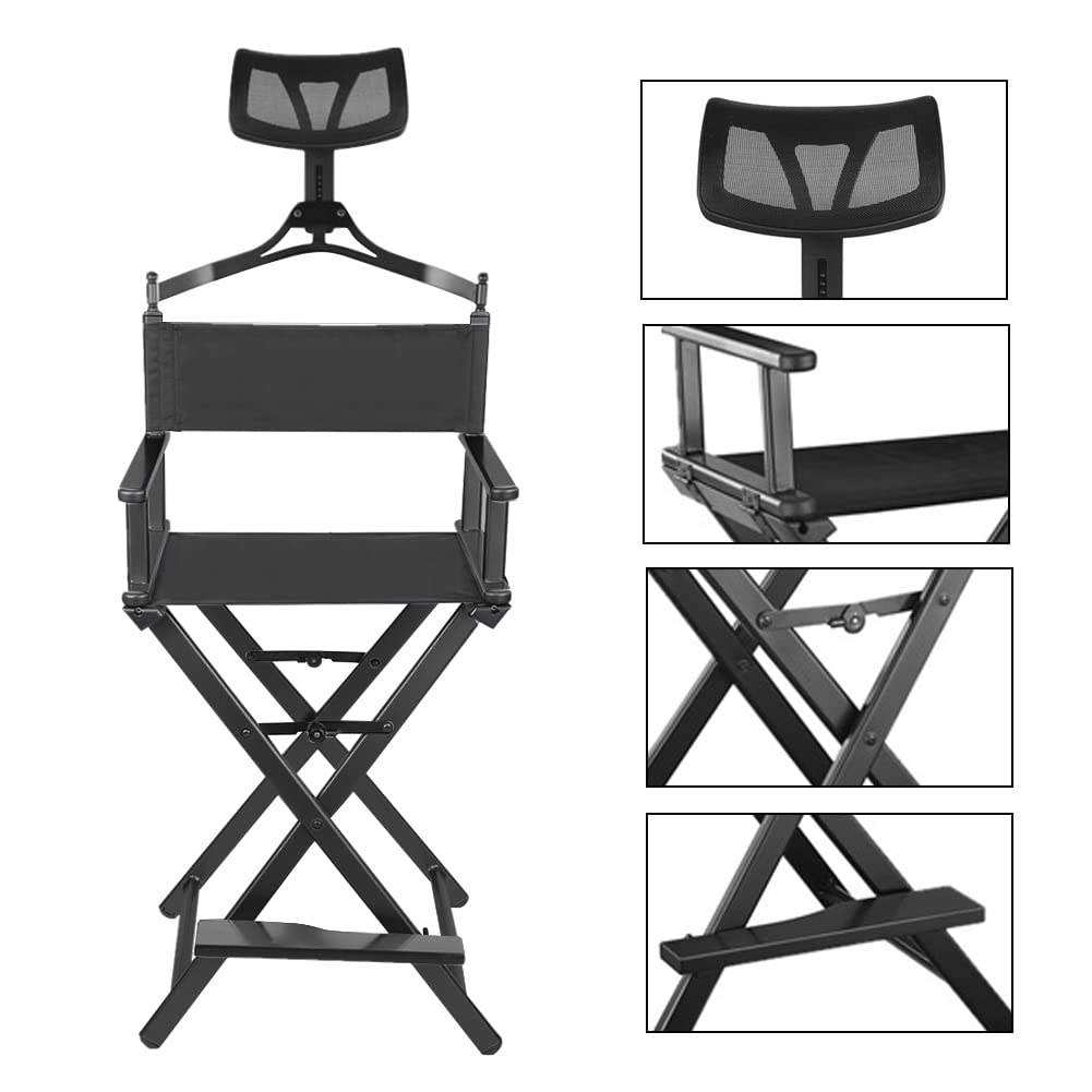 Portable Director Makeup Chair with Adjustable Headrest - Professional Salon, Home Beauty & Film Set Styling Station for Hair & Makeup Artists