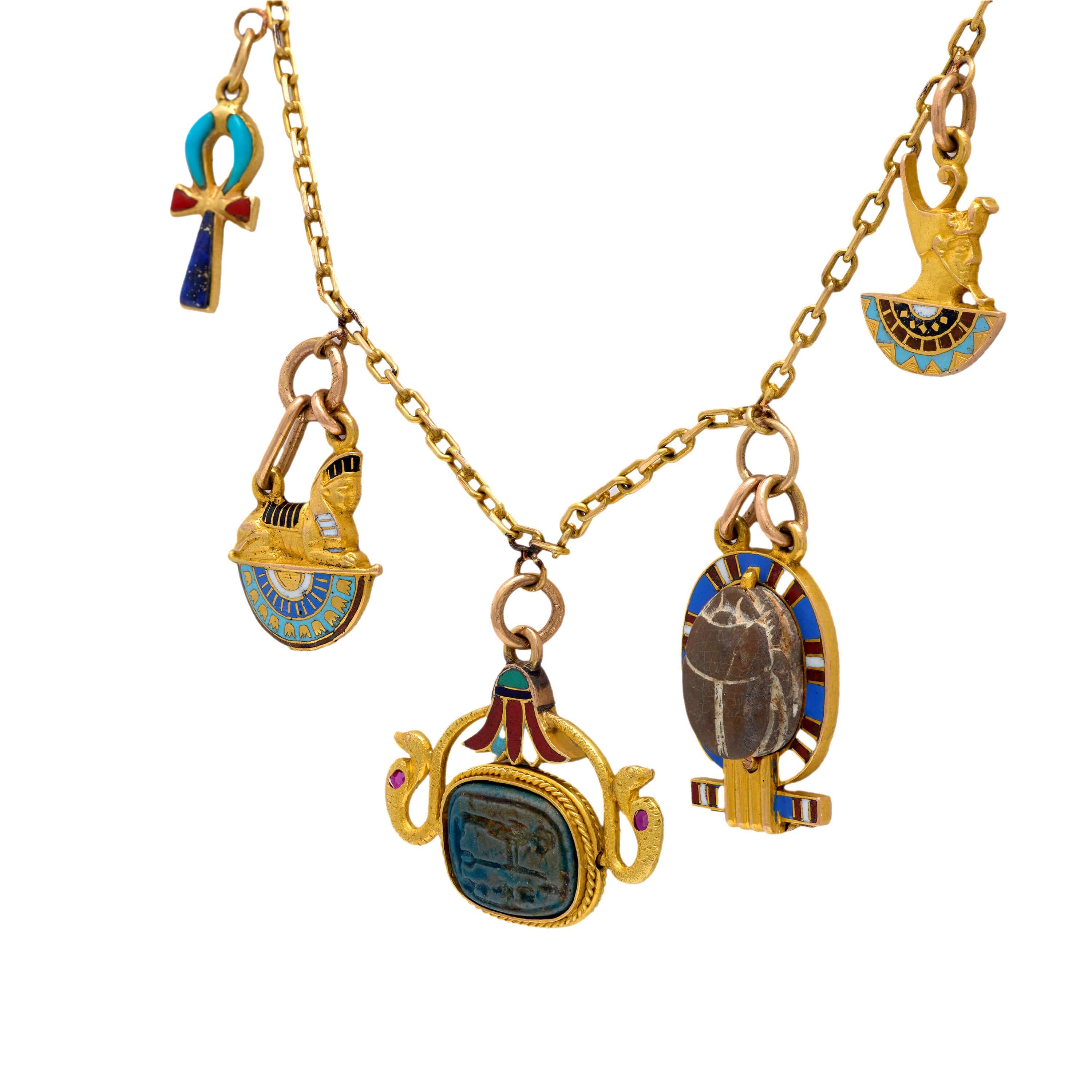 Vintage Art Deco 18k Gold Egyptian Revival Enamel Charm Necklace - Perfect for Special Occasions, Gift Giving & Boho Fashion