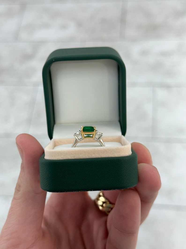 4.79tcw AAA Dark Green Emerald & VVS Diamond Three Stone Ring in 18K White Gold - Elegant Engagement, Anniversary or Gift Jewelry for Women
