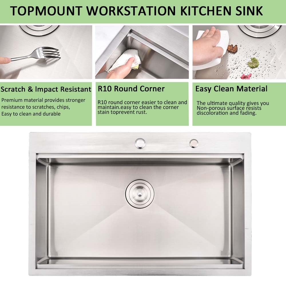31x20 Inch Stainless Steel Single Bowl Drop-In Kitchen Sink Workstation - 16 Gauge Handmade Topmount Sink with Cutting Board | Perfect for Food Prep, Dishwashing & Small Kitchen Spaces