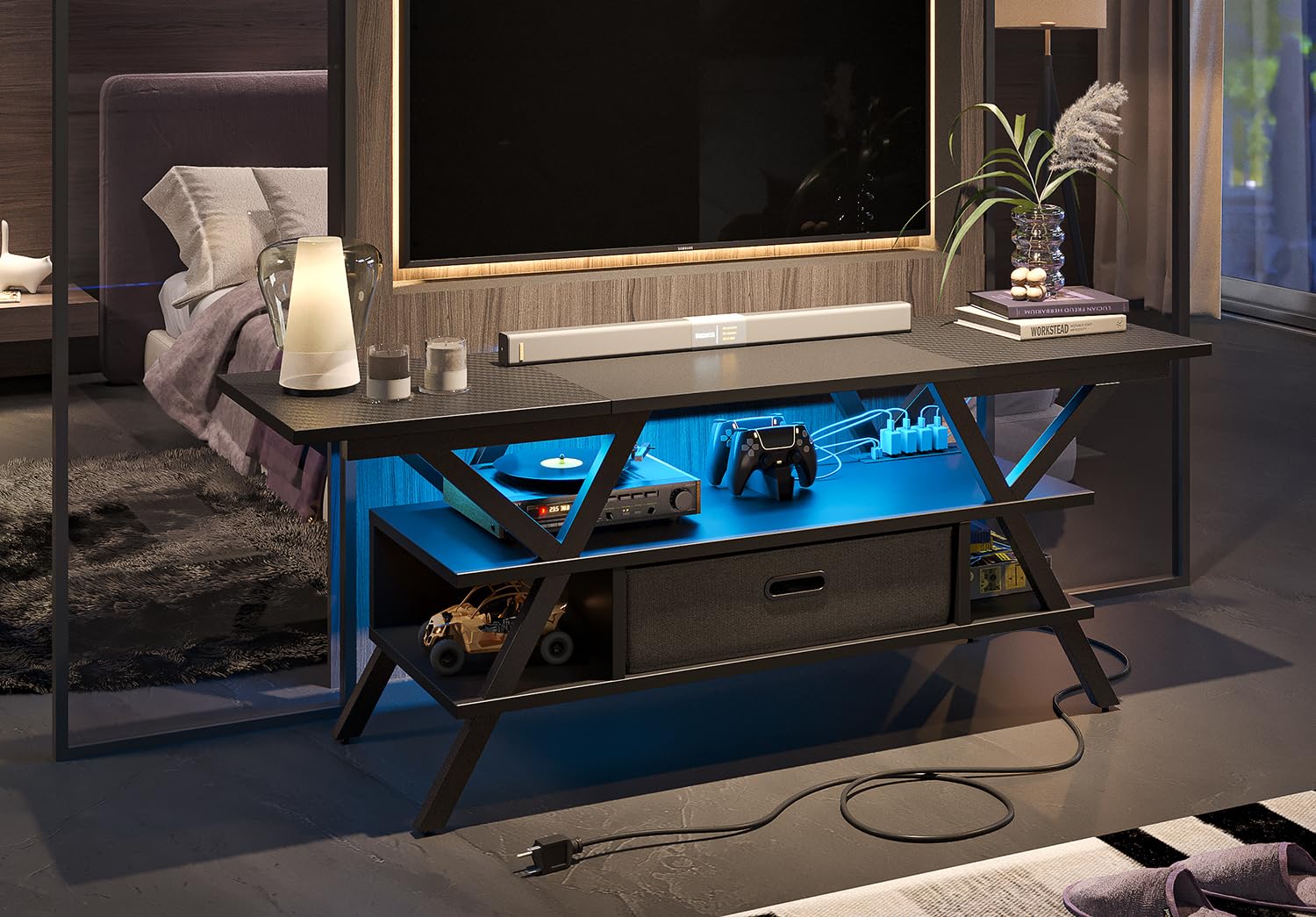 Bestier 55 Inch LED TV Stand with Power Outlets - Modern Entertainment Center for 50/55/60/65 Inch TVs - Carbon Fiber Black Gaming TV Console with Removable Drawer for PS5, Xbox - Perfect for Living Room & Bedroom Setup