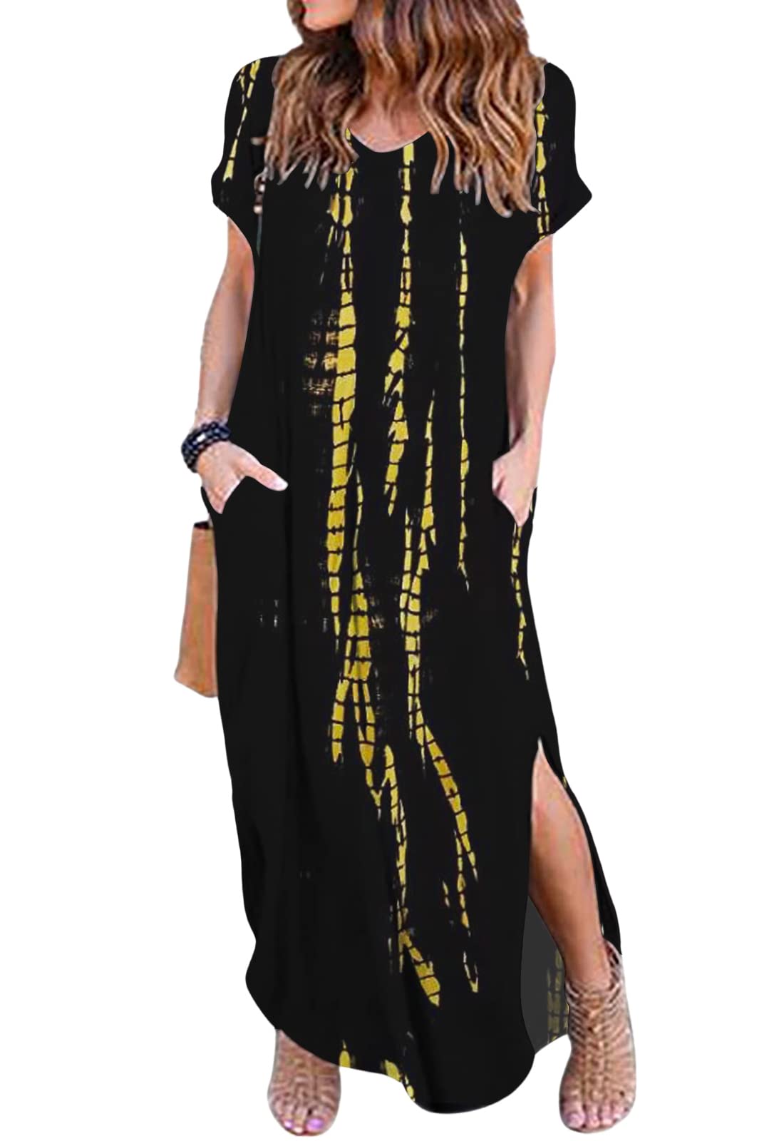 Kancystore Women's Summer Long Maxi Dress - Casual Short Sleeve Beach Dress with Side Slit & Pockets | Perfect for Vacation, Poolside, and Outdoor Parties
