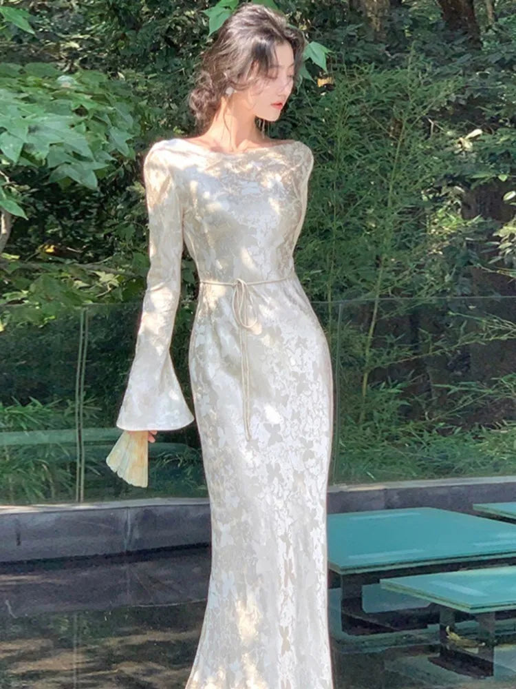 Lovevop 2024 Elegant Long Sleeve Women's Dress - French Print Evening Party Maxi Dress with Lace-up Slash Neck, Slim Fit Fashion for Women | Perfect for Cocktail Parties, Weddings & Formal Events