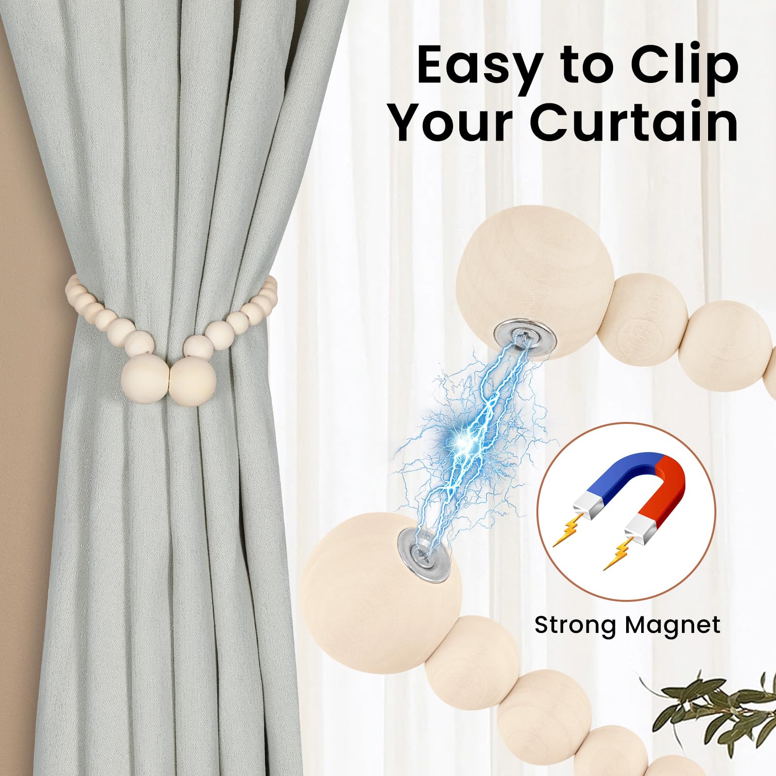 Magnetic Wood Bead Curtain Tiebacks 2 Pack - Boho Farmhouse Decor for Bedroom & Nursery