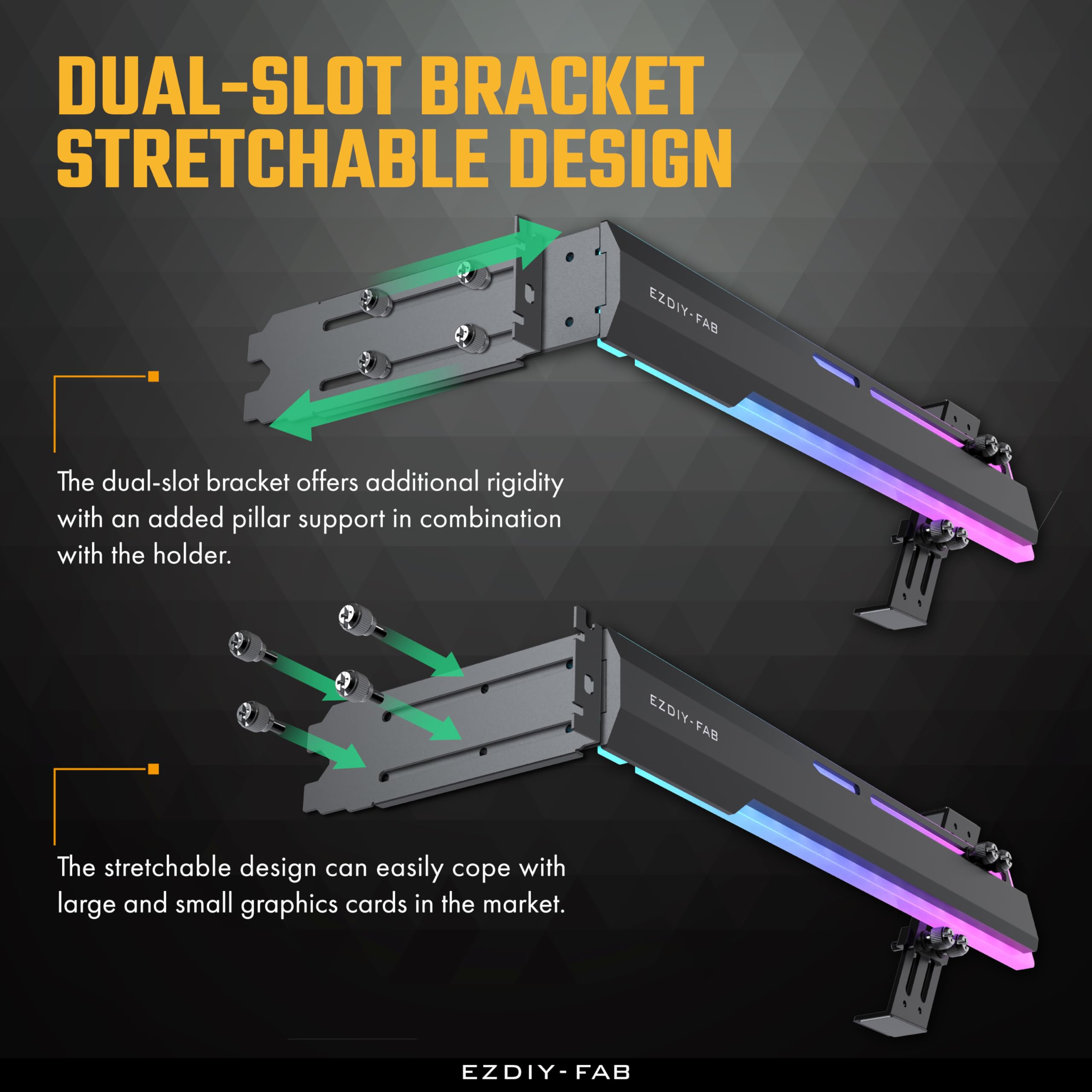 EZDIY-FAB 5V ARGB Adjustable GPU Support Bracket - Anti-Sag Graphics Card Holder for RTX 4090, RX 7990 XTX, PC Gaming Setup - Stretchable Design with LED Lighting (Black-341) | Perfect for Custom RGB PC Builds & High-End Gaming Rigs