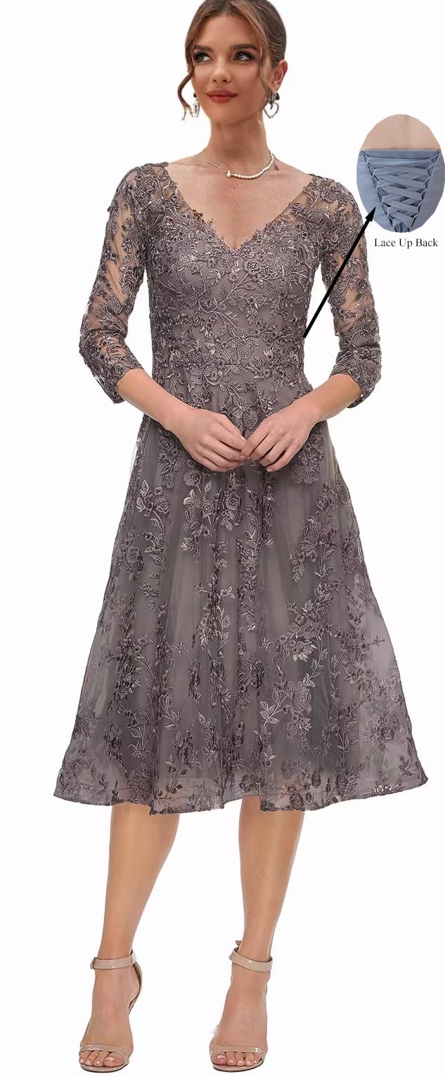 Elegant Tea-Length Mother of the Bride Dress with Lace Appliques - Sleeved Formal Evening Gown for Weddings, Parties & Special Occasions