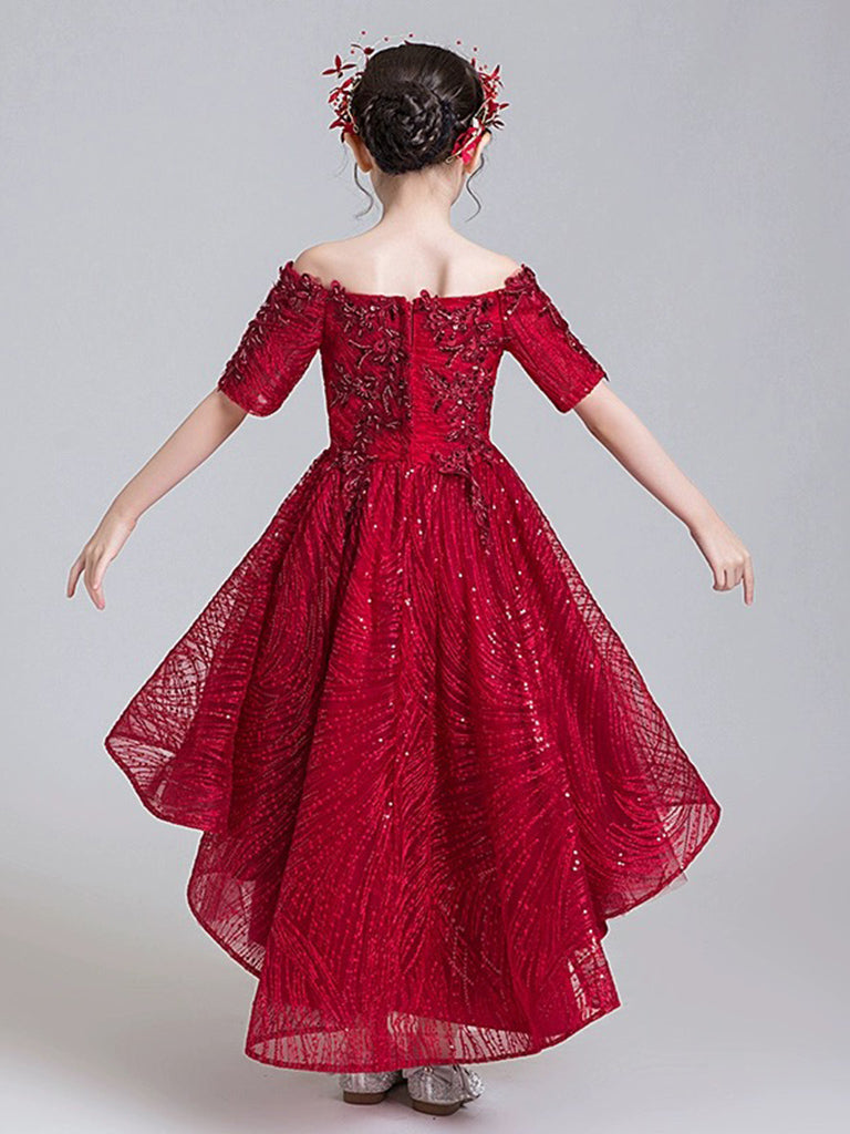 Elegant A-Line High-Low Tulle Lace Burgundy Flower Girl Dress for Weddings, Pageants, and Special Occasions