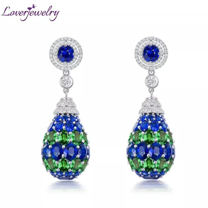 LOVERJEWELRY 18K White Gold Blue Sapphire & Tsavorite Diamond Drop Earrings for Women | Luxury Wedding & Party Jewelry | Elegant Evening Wear & Special Occasion Gift