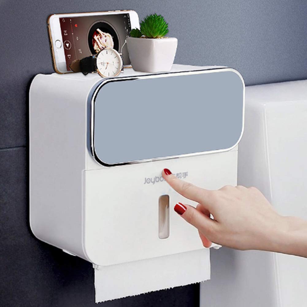 Dalovy Waterproof Double Layer Toilet Paper Holder & Tissue Box Dispenser with Phone Stand - Wall Mount Bathroom Storage Organizer for Kitchen & Bath, Dustproof & Space-Saving Design (Perfect for Small Bathrooms, RVs & Apartments)