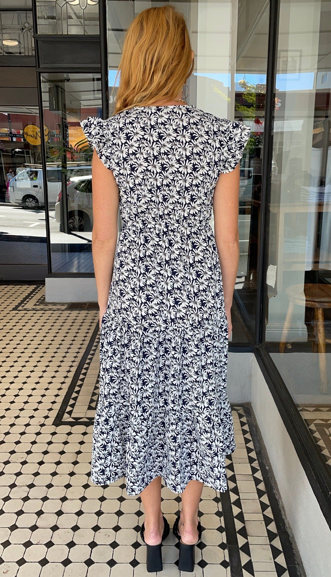 Sheila Smocked Bodice V-Neck Midi Dress in Navy Blue - Perfect for Summer Weddings, Garden Parties & Casual Outings