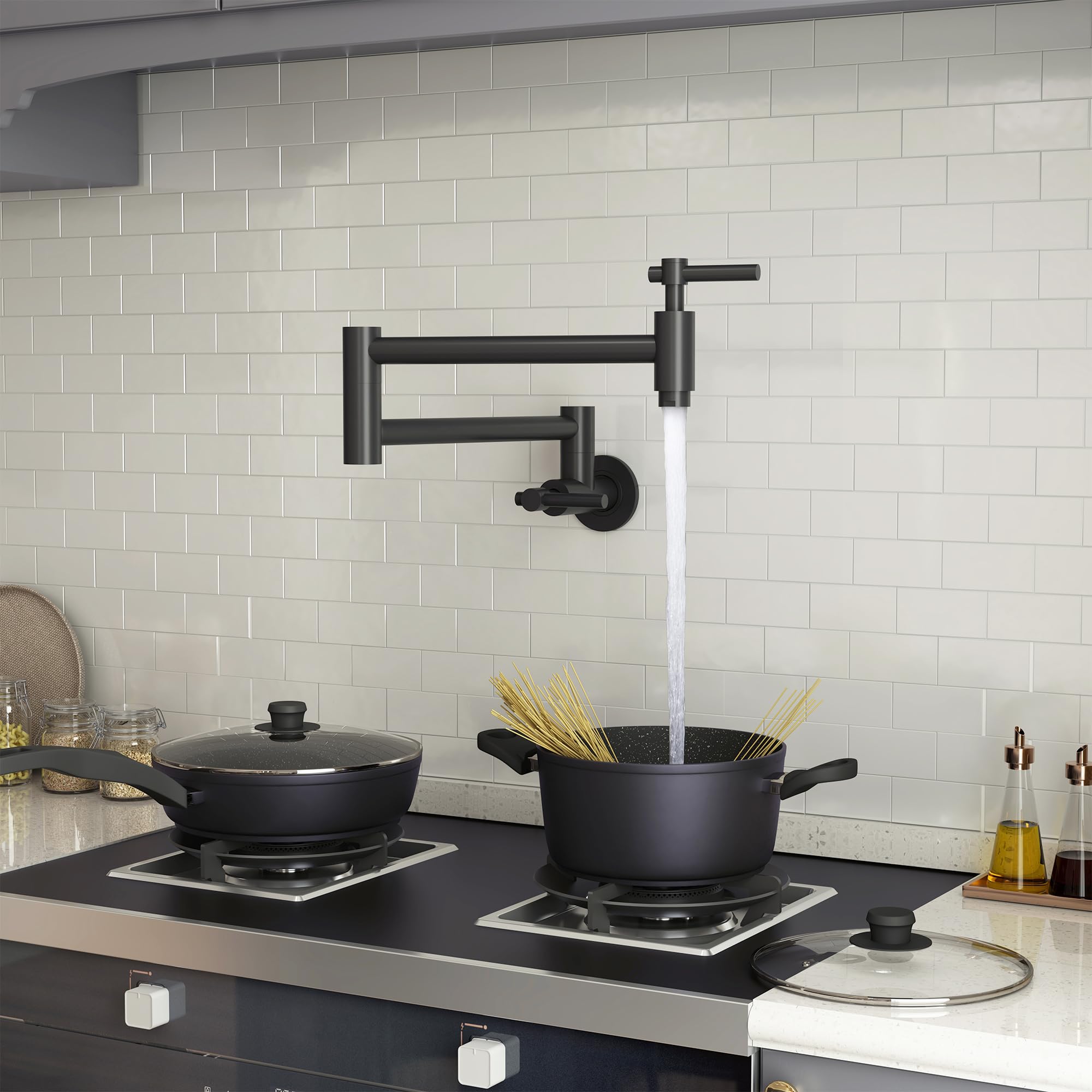 CASAINC Matte Black Wall Mount Pot Filler Faucet - Commercial Grade Brass Swing Arm Folding Kitchen Faucet for Stove - Perfect for Restaurants, Home Kitchens & Cooking Enthusiasts