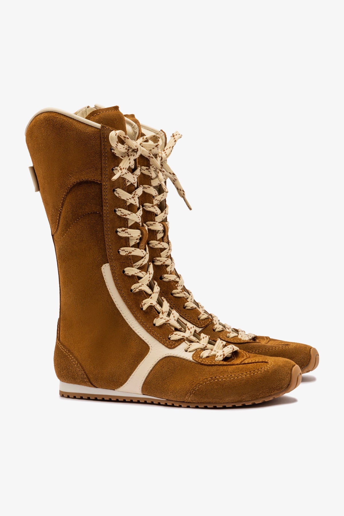 Larroudé x Jonathan Cohen Flat Lo Sneaker Boot in Russet Suede and Ivory Leather - Stylish Women's Casual Shoes for Everyday Wear, Work & Outfits