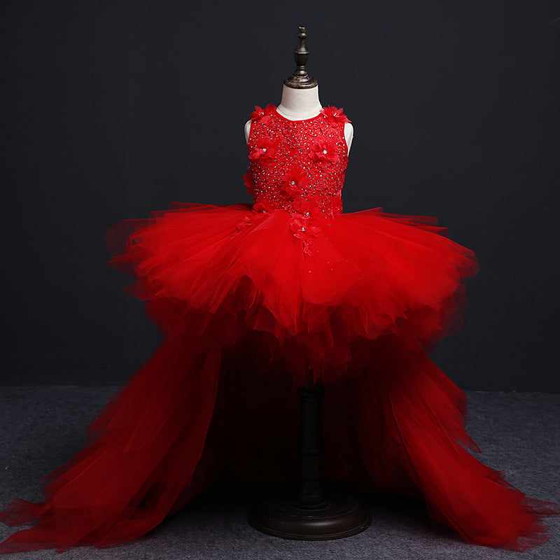 Elegant Princess Flower Girl Dress with Lace & Tulle Sweep Train - Perfect for Weddings, Pageants & Special Occasions