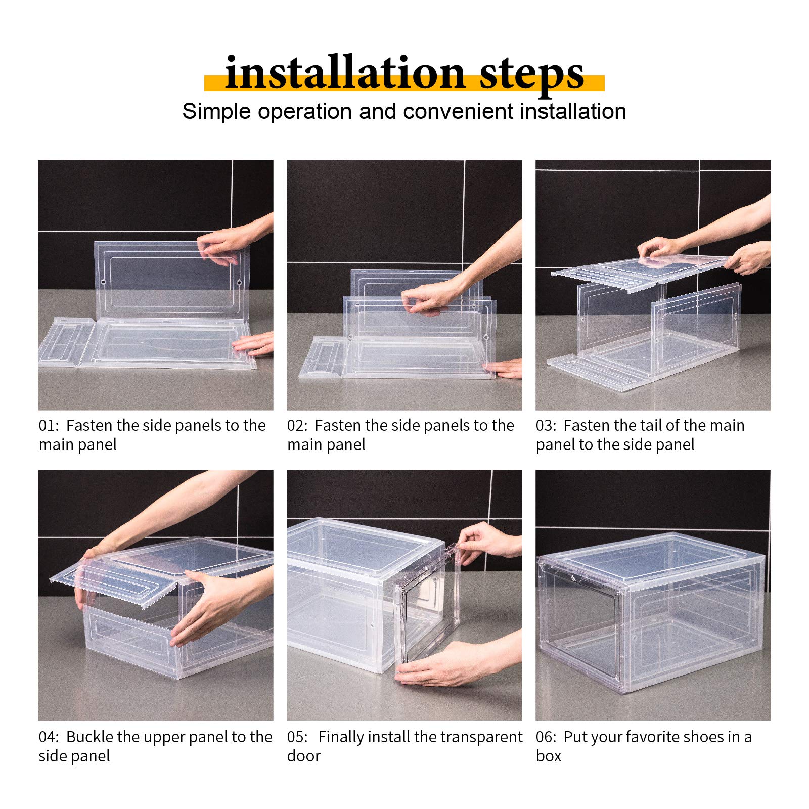 Attelite Stackable Clear Plastic Shoe Storage Box Organizer with Magnetic Door - Set of 6, Thick & Sturdy, Easy Assembly, Fits Up to US Men's Size 12 (Black) - Perfect for Closet Organization, Sneaker Display, and Shoe Collection Storage