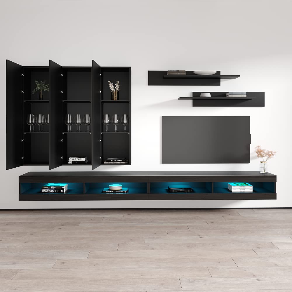 Modern Floating TV Stand with Storage & LED Lights - Wall Mounted Entertainment Center for Bedroom & Living Room - E1 34