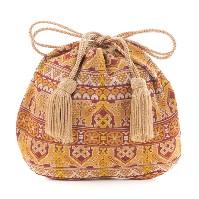 Nishijin Ori Small Drawstring Pouch - Rooster & Dark Red Design | Handmade in Kyoto Japan | Traditional Japanese Craft Purse for Coins, Jewelry & Gift Giving