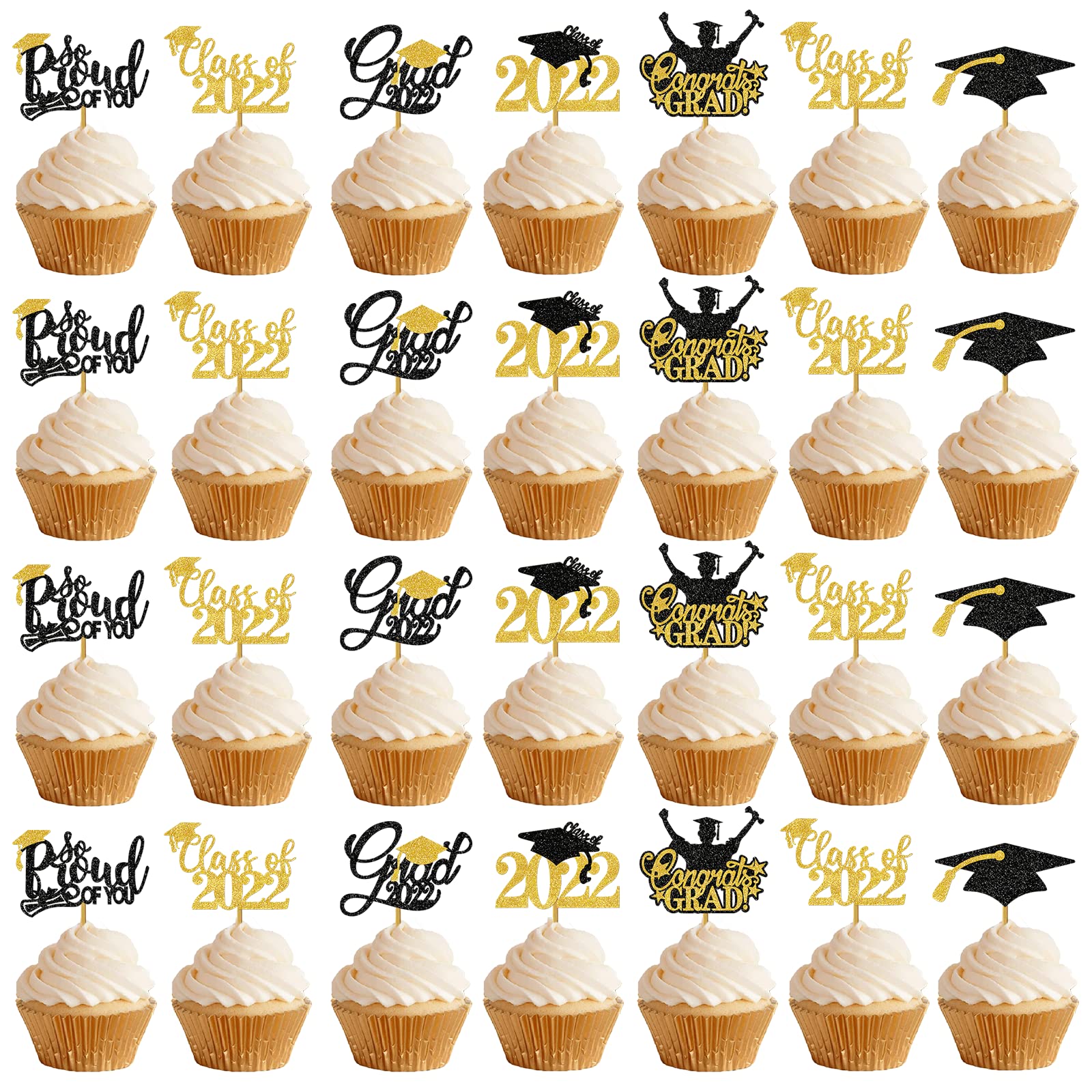2022 Graduation Cupcake Toppers - Class of 2022 Grad Party Decorations - 24pcs Edible Cake Toppers for Graduation Ceremony, Birthday & Celebration Parties