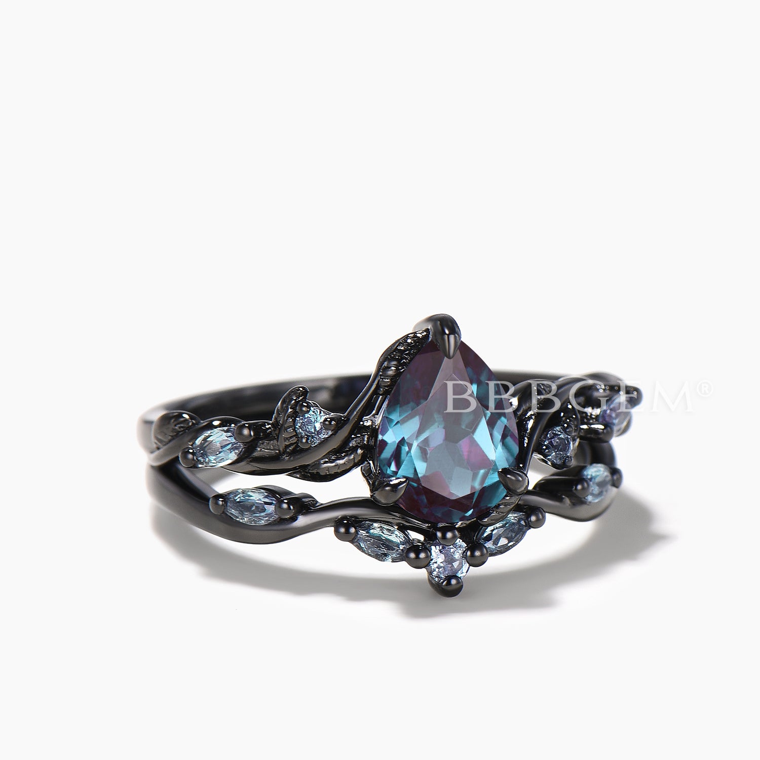 Teardrop Color Changing Alexandrite Bridal Ring Set - Black Gold Twisted Nature Inspired Wedding Band for Engagement, Anniversary & Special Occasions