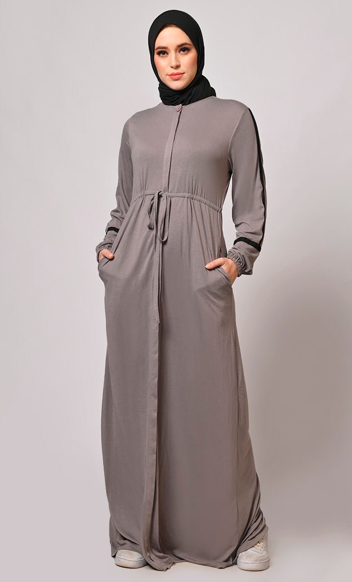 Stylish Grey Abaya with Pockets - Modest Athleisure Wear for Women | Perfect for Yoga, Gym & Everyday Comfort