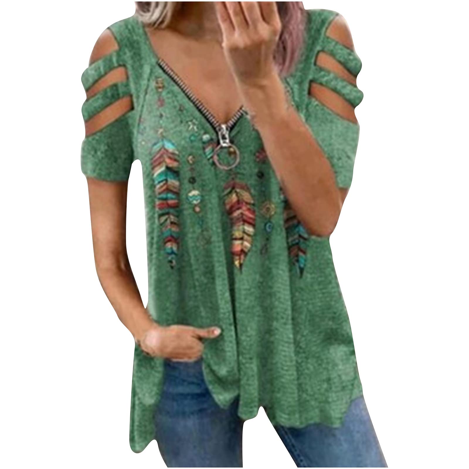 Stylish Women's Summer Cold Shoulder Tops - Sexy Cut Out Tunic Blouses with Zipper for Casual Wear, Beach Outfits & Date Nights