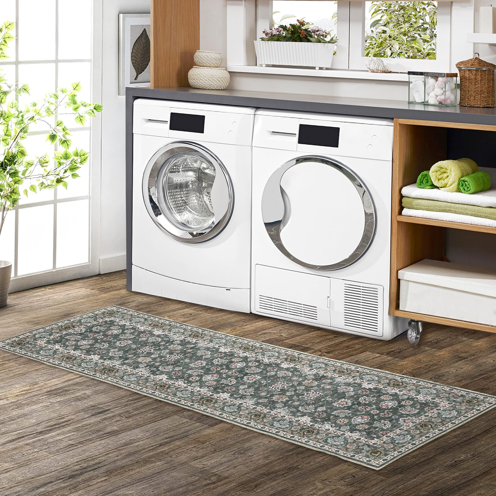 **GARVEE Vintage 2x6 Kitchen Runner Rug - Machine Washable, Low Pile, Stain Resistant - Hallway, Laundry, Entryway - 2' x 6' Grey - Perfect for High Traffic Areas & Home Decor**