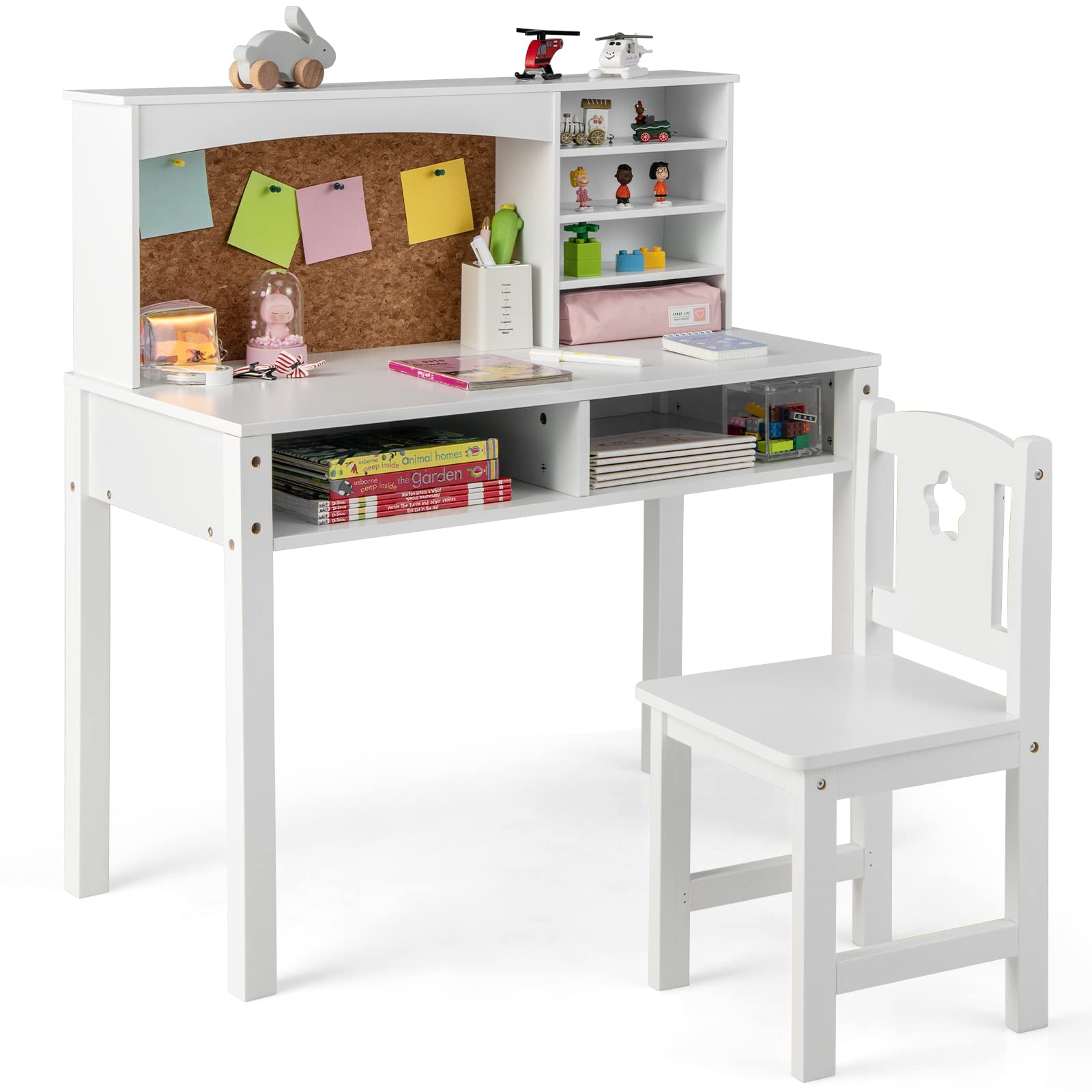 Costzon Kids Desk and Chair Set - Adjustable Wooden Study Desk with Storage Hutch, Cork Bulletin Board & Bookshelf | Ergonomic Student Writing & Computer Workstation for Study Room, Bedroom, Homeschooling & Online Learning (White)