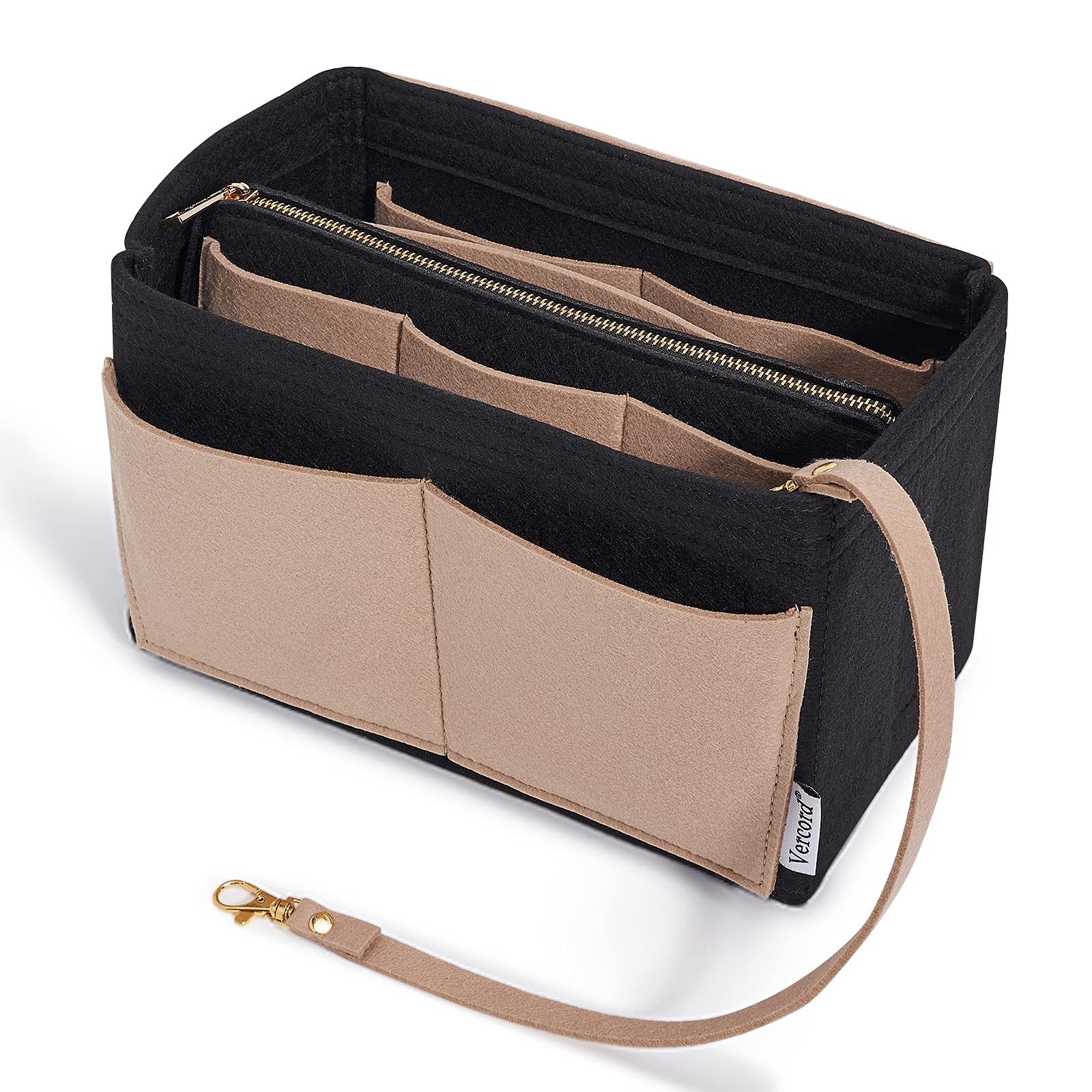 Vercord Felt Purse Organizer Insert for Handbags & Tote Bags - Neo Black & Beige X-Large - Perfect for Organizing Makeup, Wallet, and Essentials in Your Bag