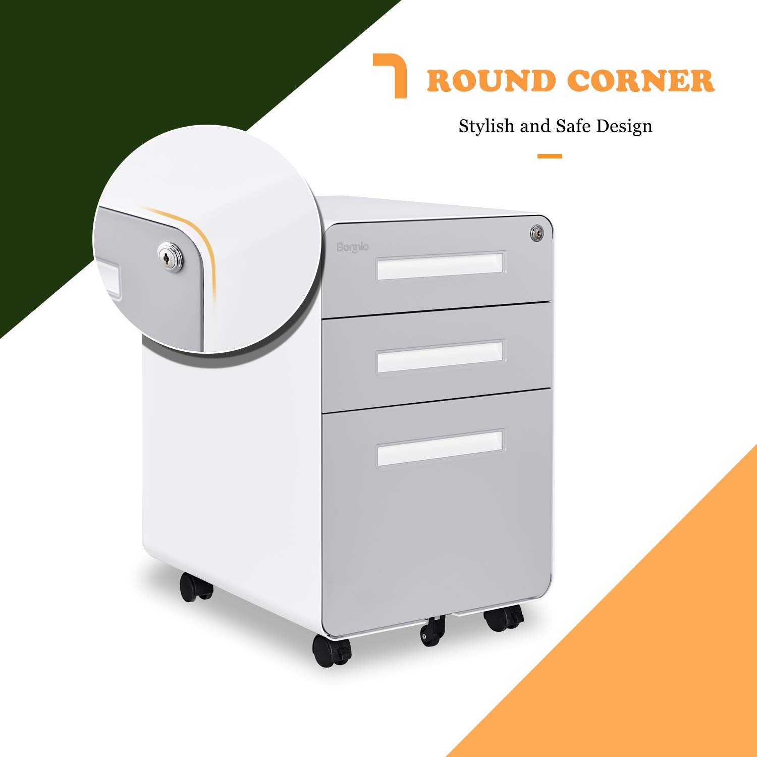 Bonnlo 3-Drawer Rolling File Cabinet with Lock - Gray & White Metal Mobile Under Desk Storage Organizer for Home Office, Fully Assembled Printer Stand with Pencil Tray (23.8