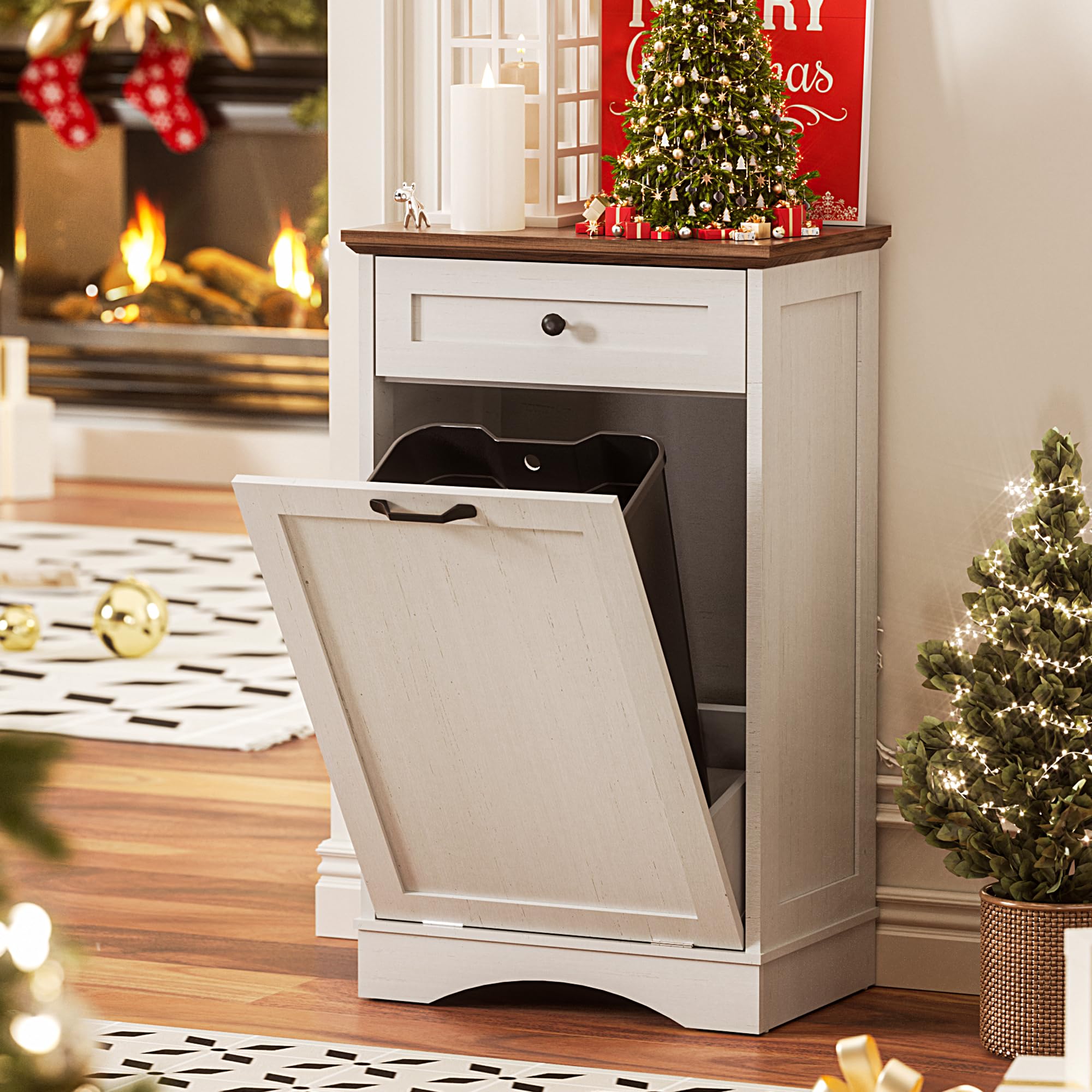 Spurgehom 13 Gallon Tilt-Out Trash Cabinet - Kitchen Waste Bin with Laundry Hamper, Pet-Proof Hidden Trash Can for Kitchen & Living Room in Antique White - Perfect for Small Spaces, Apartments & Pet Owners