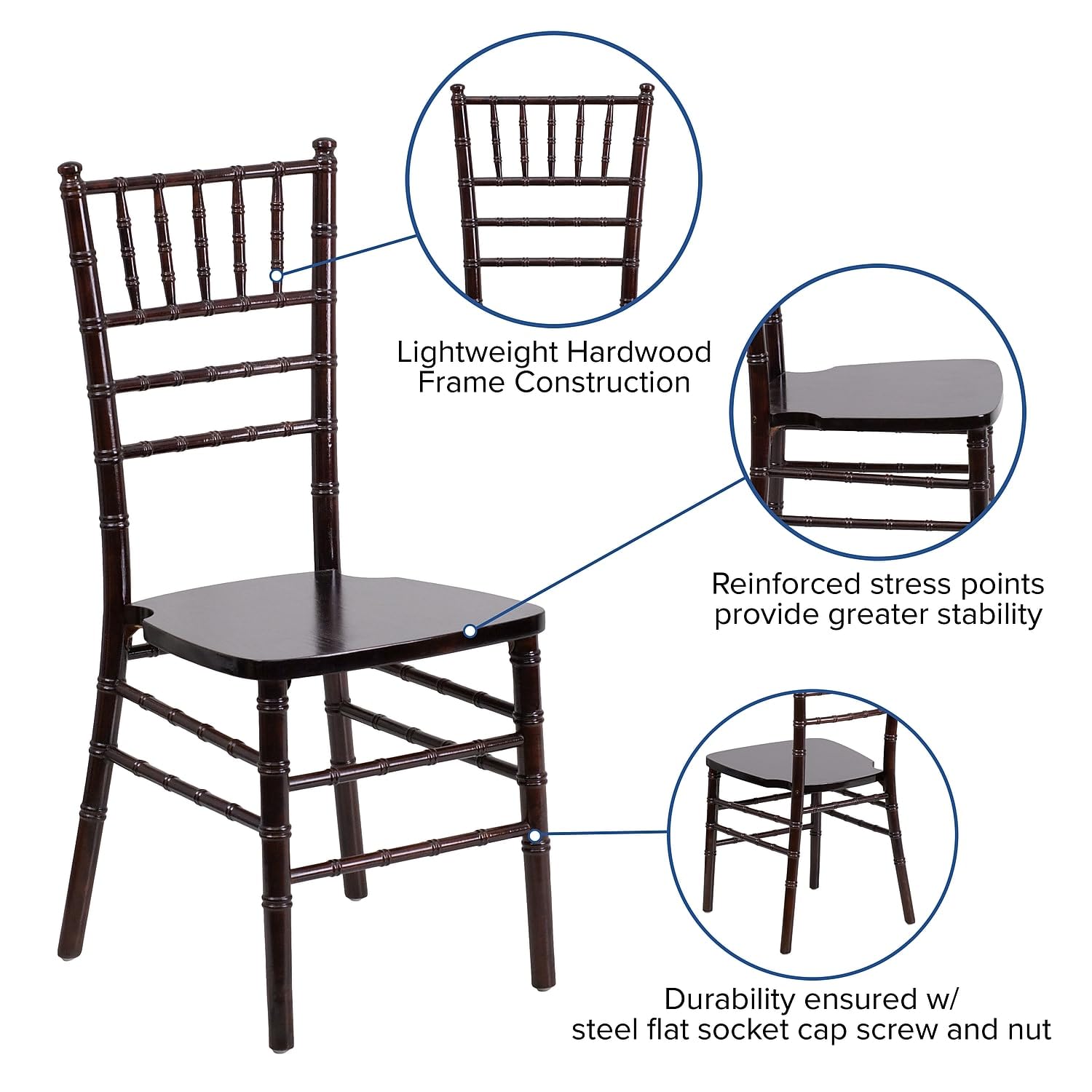Flash Furniture 2-Pack HERCULES Series Walnut Wood Chiavari Chairs - Elegant Wedding, Banquet & Event Seating - Durable Wooden Chairs for Indoor & Outdoor Use