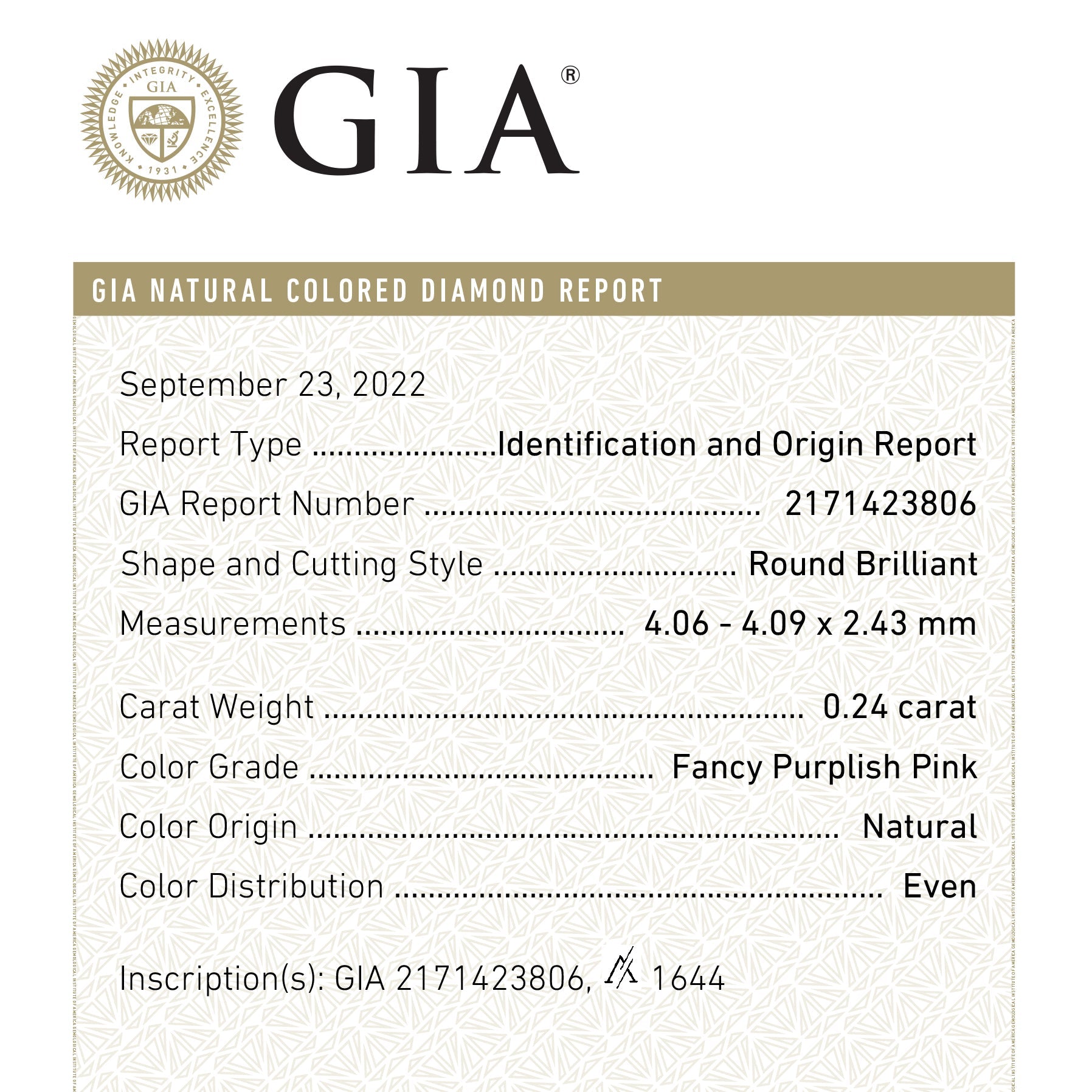 0.24ct GIA Certified Fancy Purplish Pink Round Brilliant Diamond - 4.09x4.06x2.43mm (GIA Report 24166 01) - Perfect for Engagement Rings & Luxury Jewelry