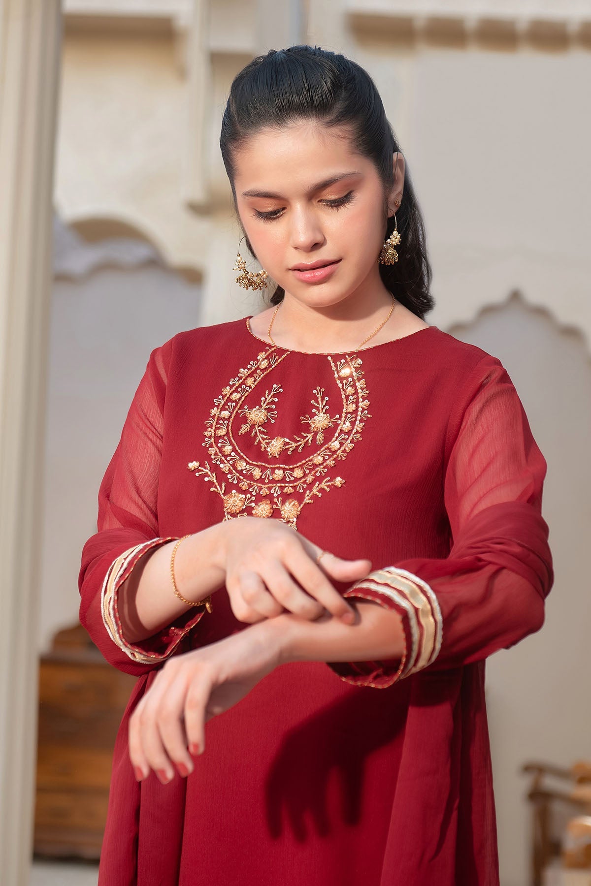 Elegant Maroon Chiffon Hand Embroidered Suit with Ochre Stitching - Perfect for Weddings, Parties & Special Occasions