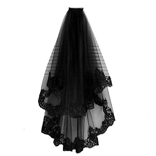 Black Lace Wedding Veil - Elegant Short Bridal Veil for Halloween, Cosplay, Corpse Bride Costume & Gothic Cathedral Weddings - Perfect for Spooky Themed Parties & Dark Romance Ceremonies