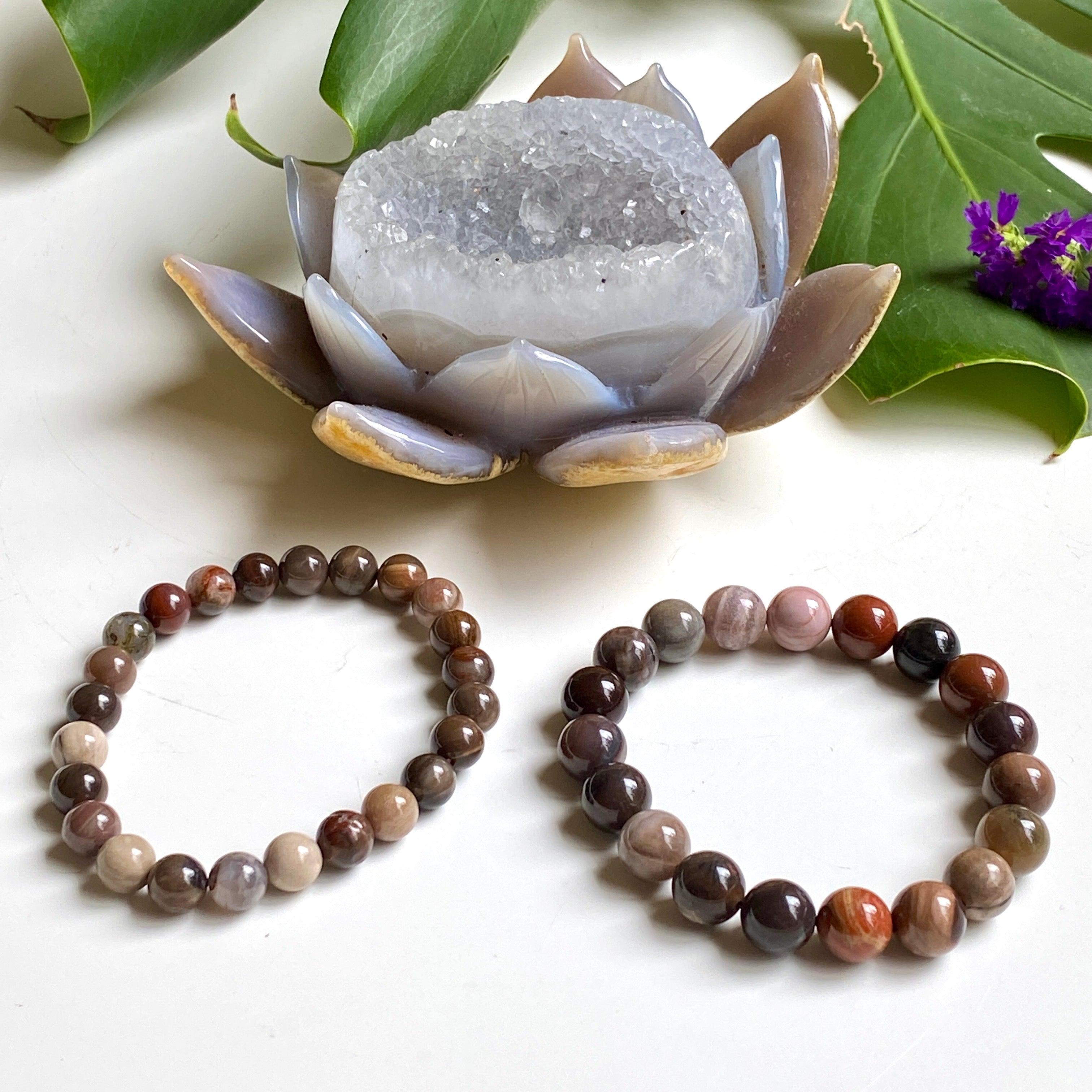 Natural Petrified Wood Beaded Bracelet for Women & Men - Unique Fossilized Stone Jewelry for Healing, Meditation & Spiritual Energy - Perfect for Gifts, Yoga & Boho Fashion