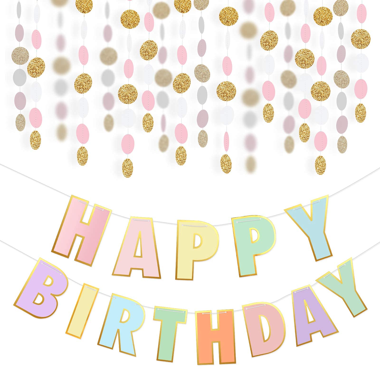 Pre-Strung Happy Birthday Banner & Decorations Set - Pastel Dot Garland for Girls Toddler Birthday Party - Perfect for Baby Shower, Nursery Decor & Birthday Celebrations